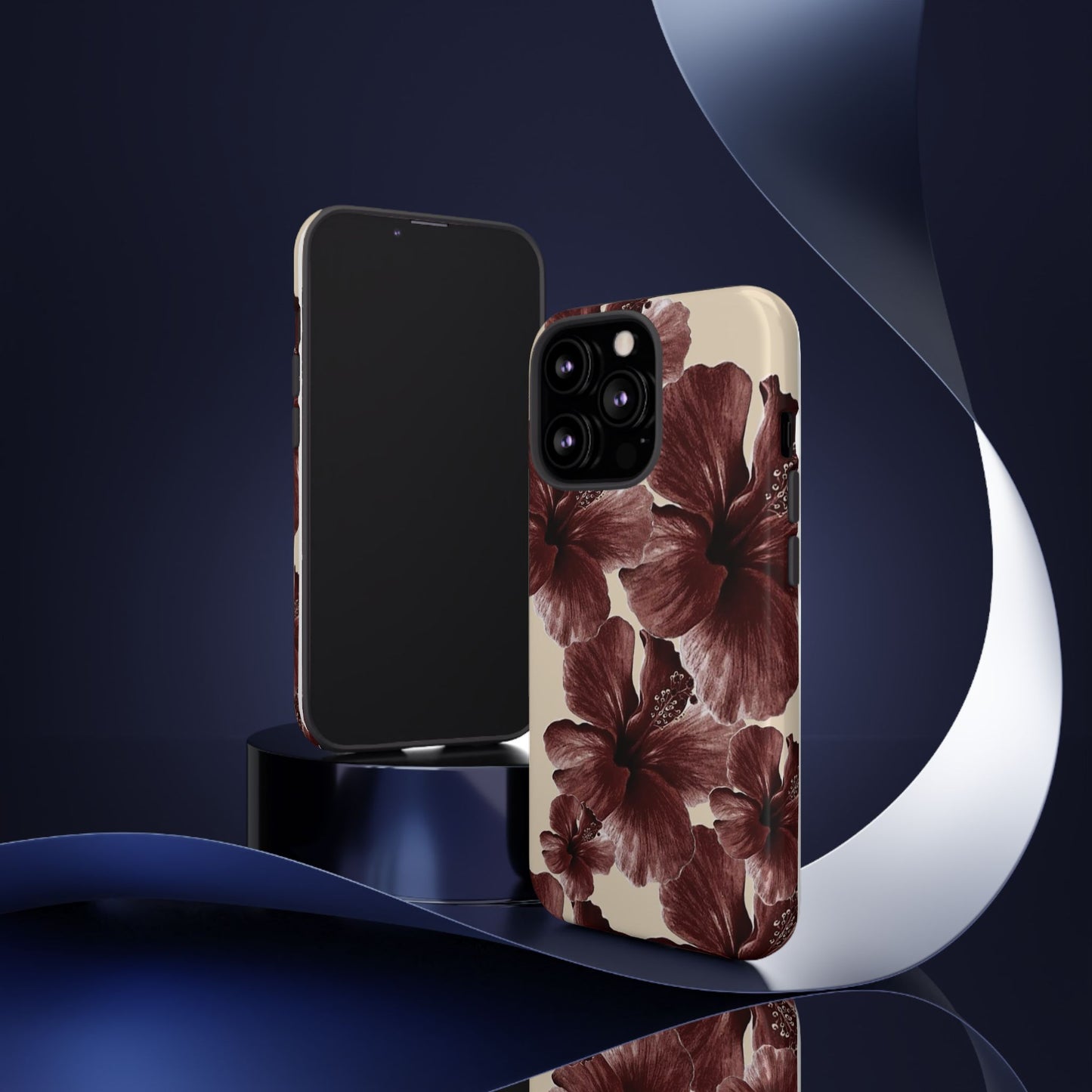 Hibiscus Floral Tough Phone Case — Maroon Vintage Flower Protective Cover