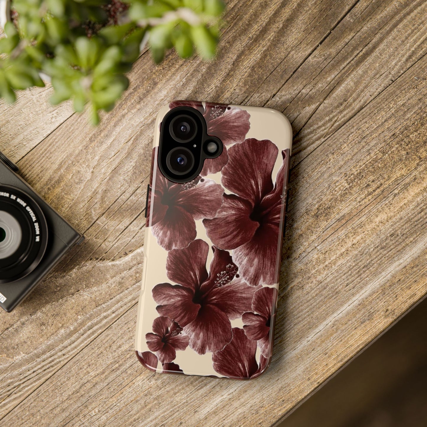Hibiscus Floral Tough Phone Case — Maroon Vintage Flower Protective Cover
