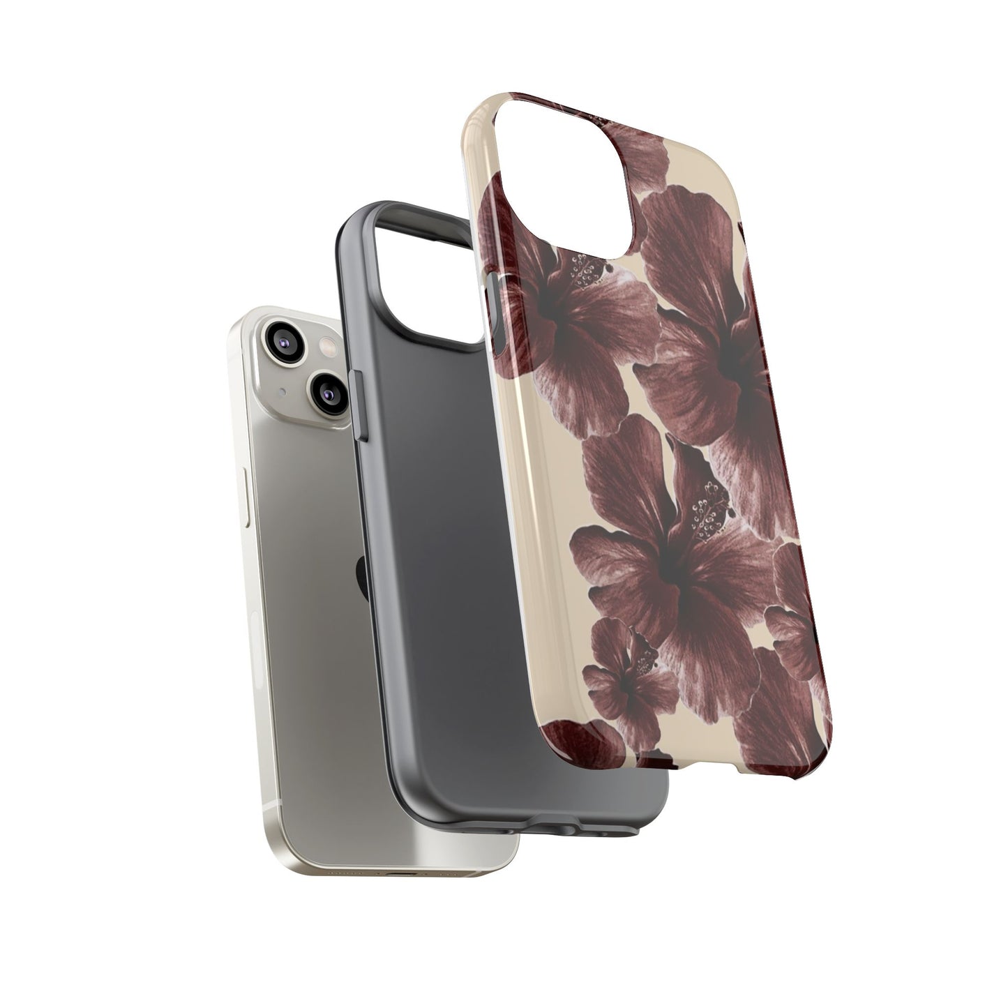 Hibiscus Floral Tough Phone Case — Maroon Vintage Flower Protective Cover