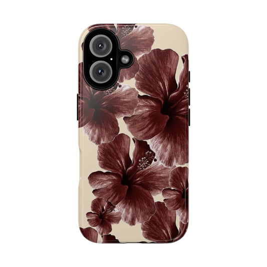 Hibiscus Floral Tough Phone Case — Maroon Vintage Flower Protective Cover