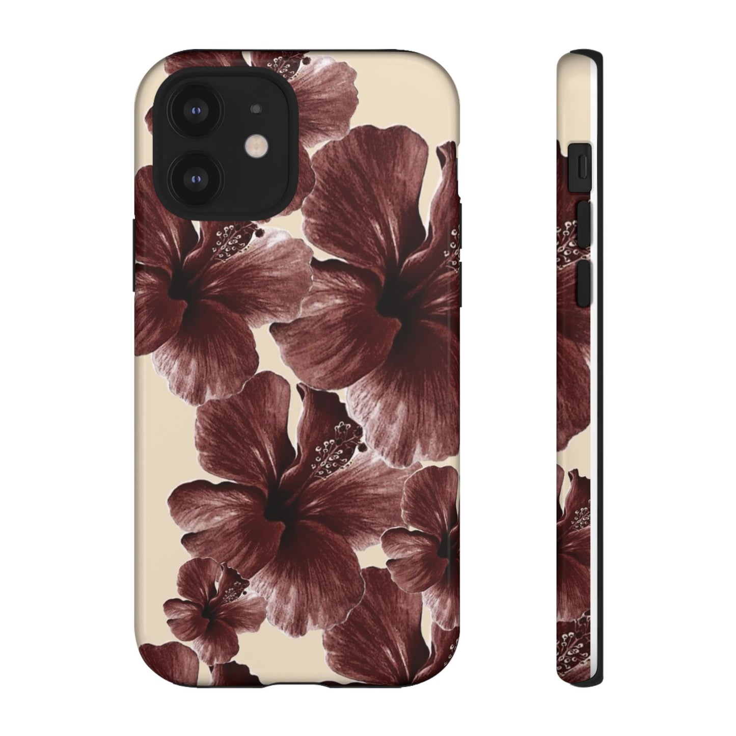 Hibiscus Floral Tough Phone Case — Maroon Vintage Flower Protective Cover
