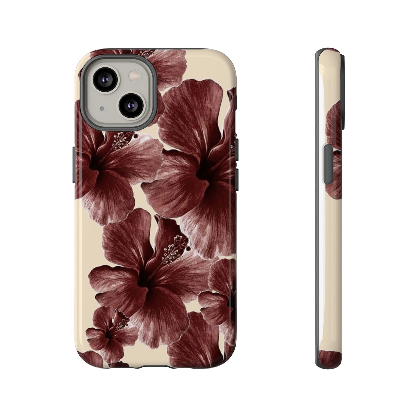 Hibiscus Floral Tough Phone Case — Maroon Vintage Flower Protective Cover