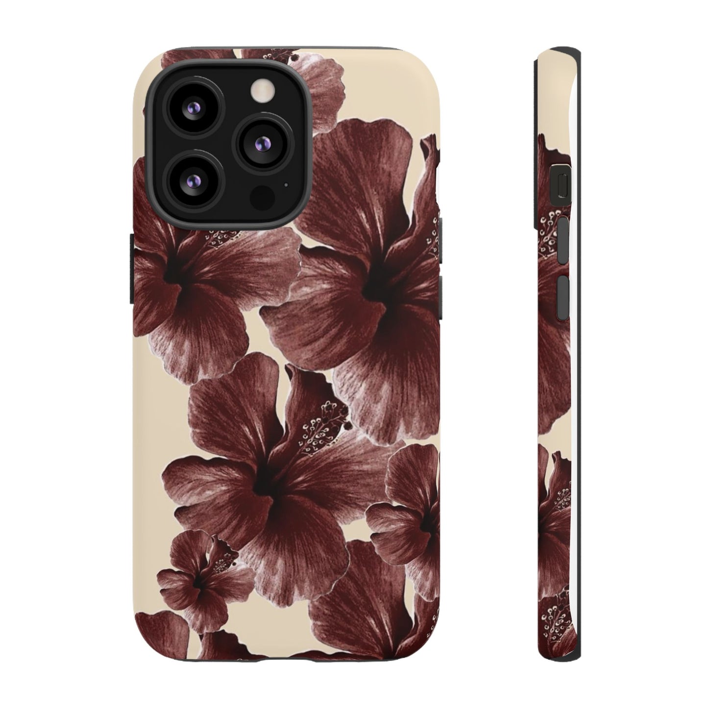 Hibiscus Floral Tough Phone Case — Maroon Vintage Flower Protective Cover
