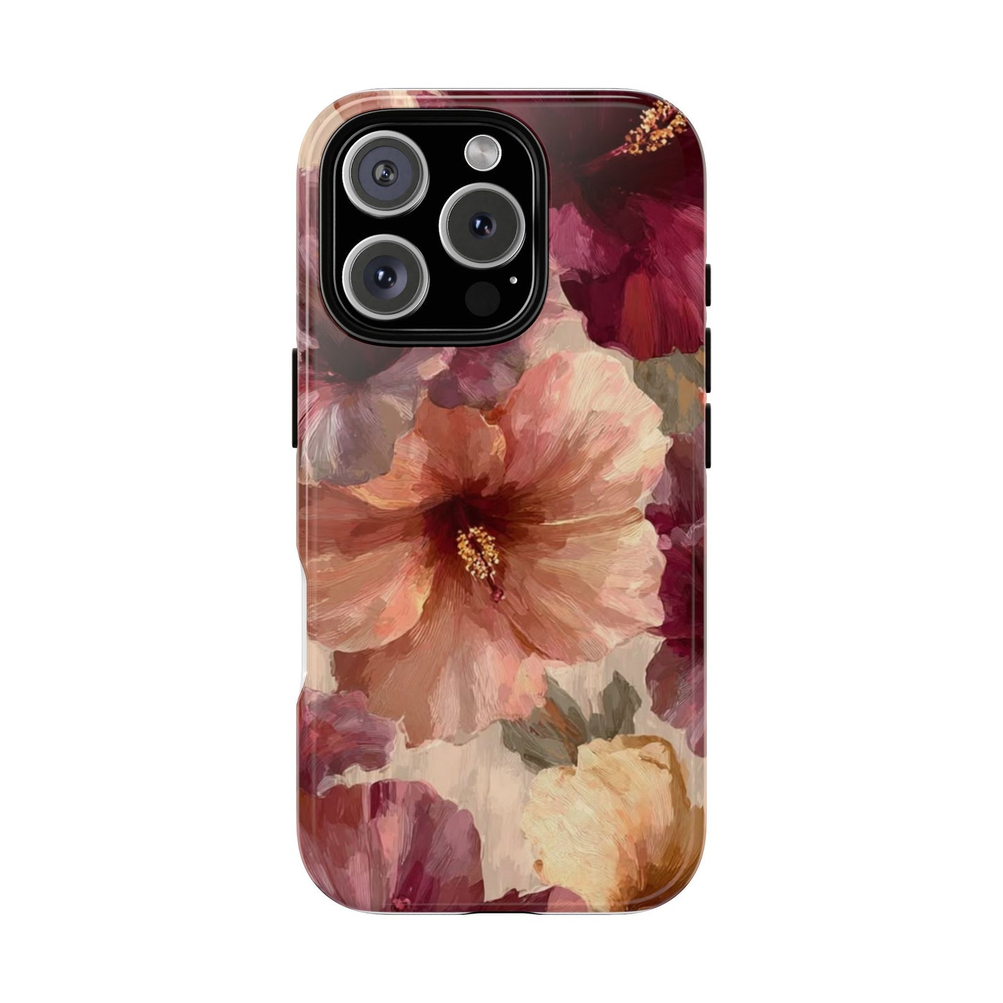 Floral Watercolor Phone Case — Burgundy & Peach Hibiscus Protective Cover