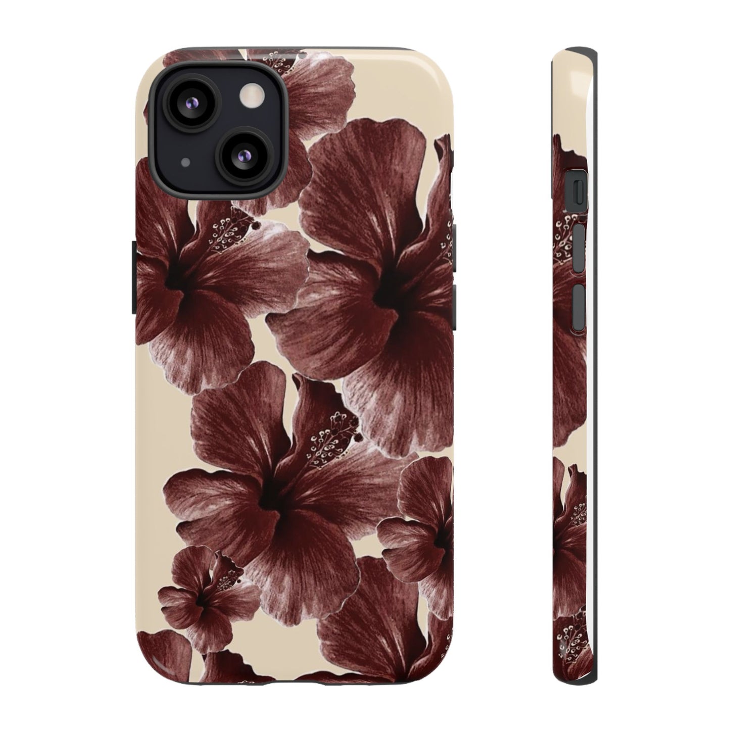 Hibiscus Floral Tough Phone Case — Maroon Vintage Flower Protective Cover