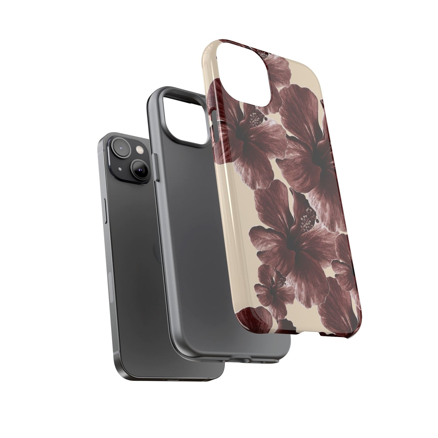 Hibiscus Floral Tough Phone Case — Maroon Vintage Flower Protective Cover