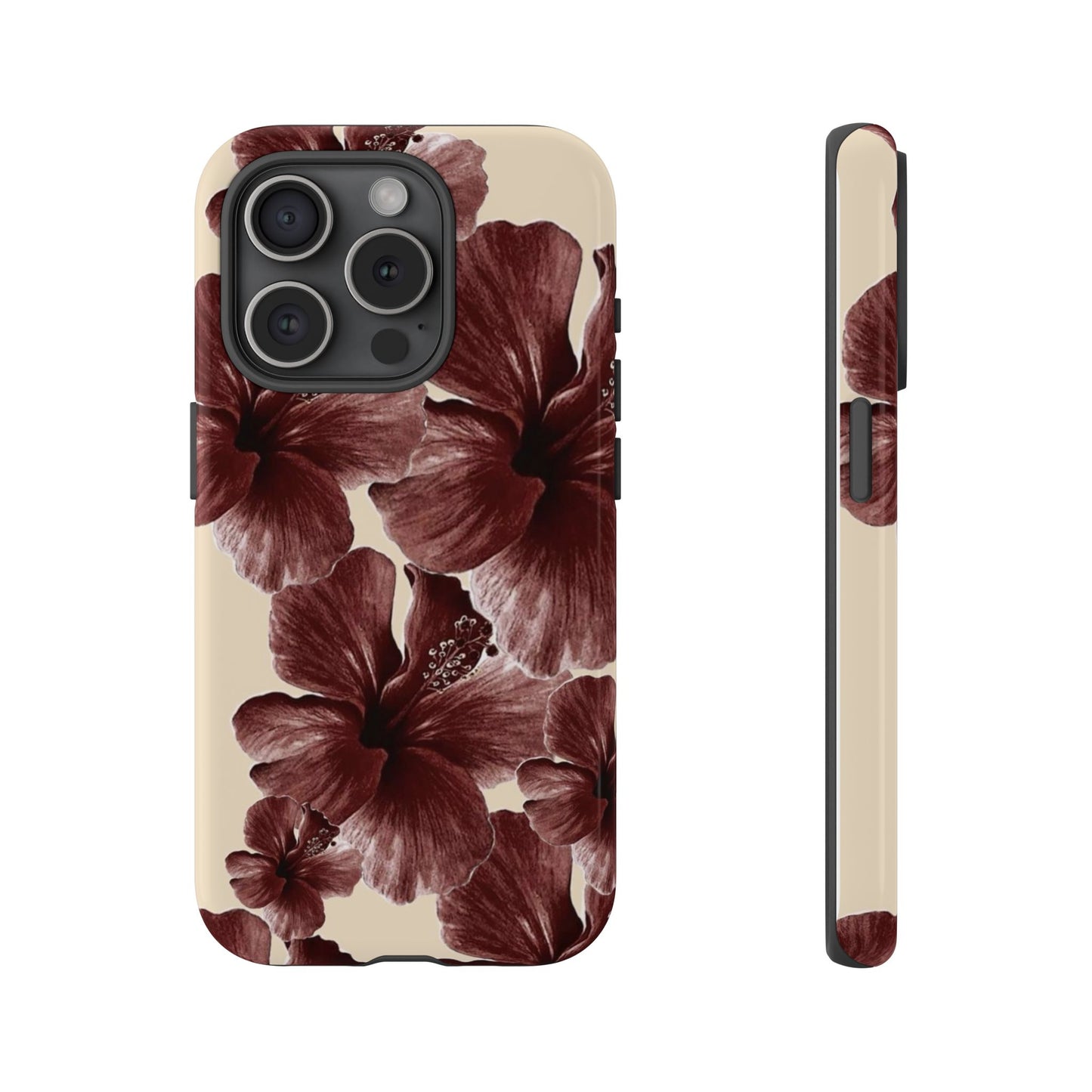 Hibiscus Floral Tough Phone Case — Maroon Vintage Flower Protective Cover