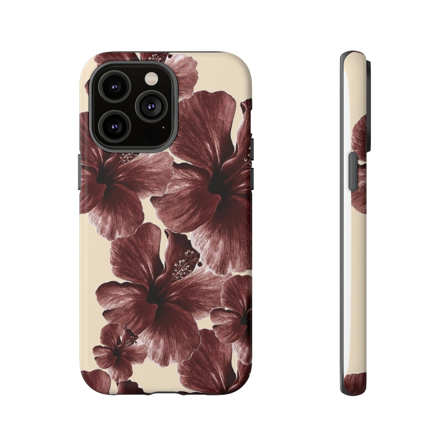 Hibiscus Floral Tough Phone Case — Maroon Vintage Flower Protective Cover