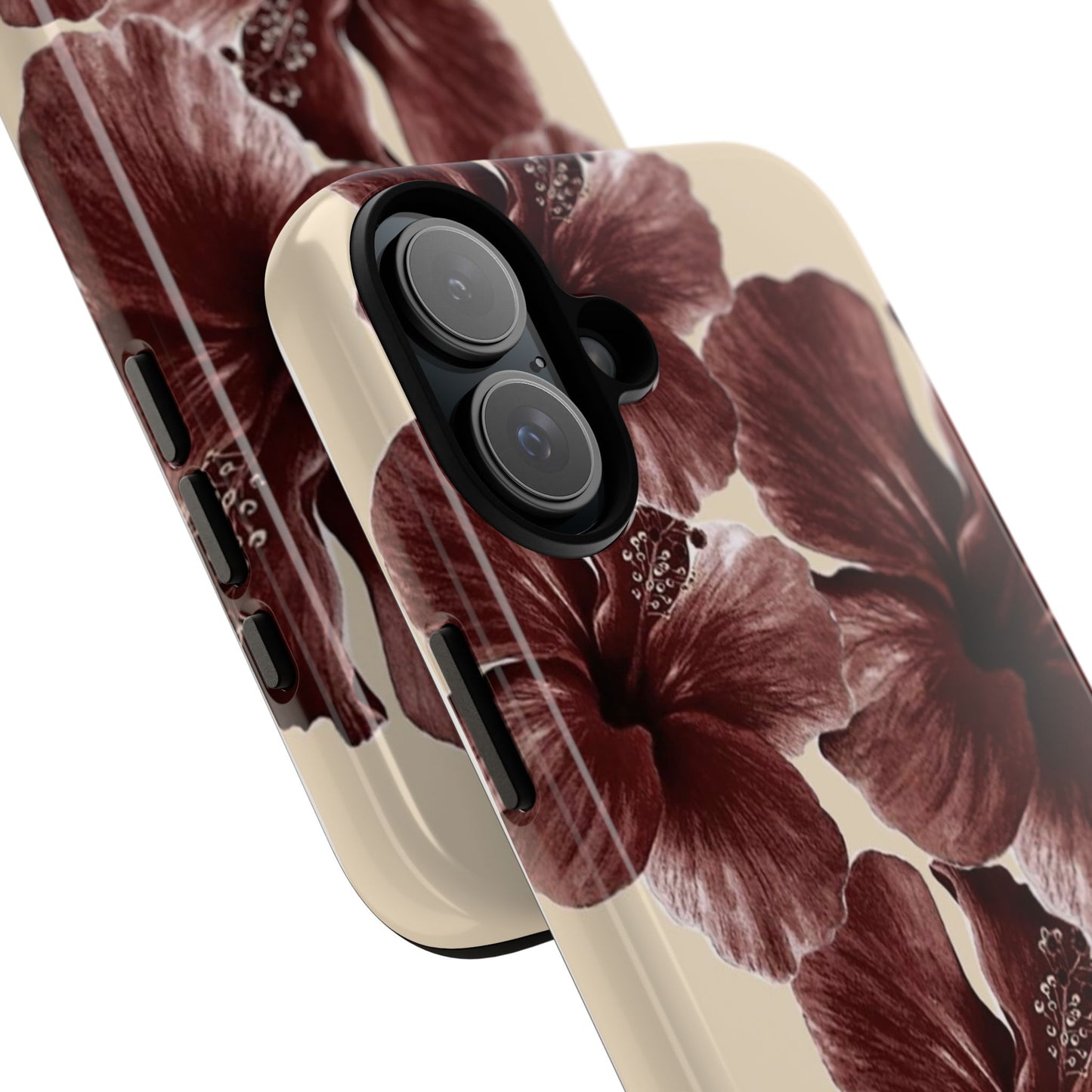 Hibiscus Floral Tough Phone Case — Maroon Vintage Flower Protective Cover