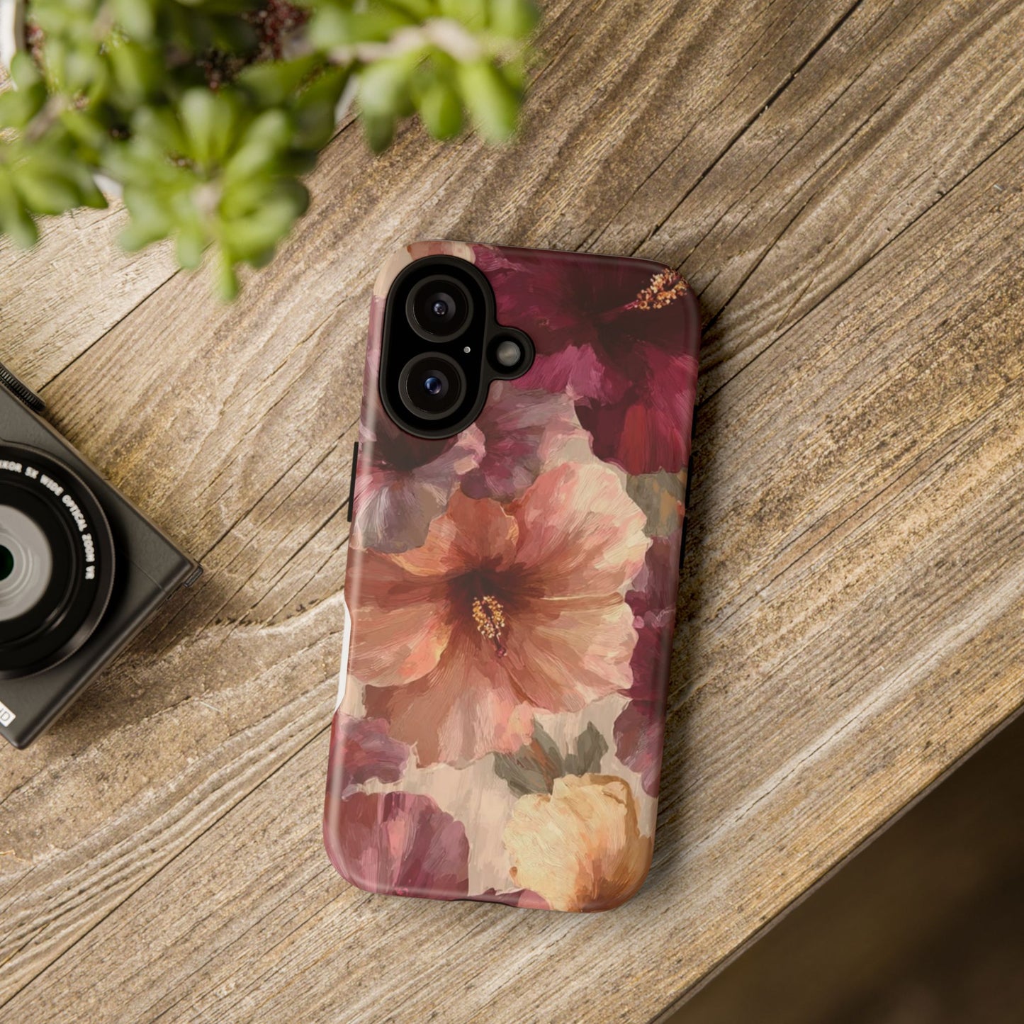 Floral Watercolor Phone Case — Burgundy & Peach Hibiscus Protective Cover
