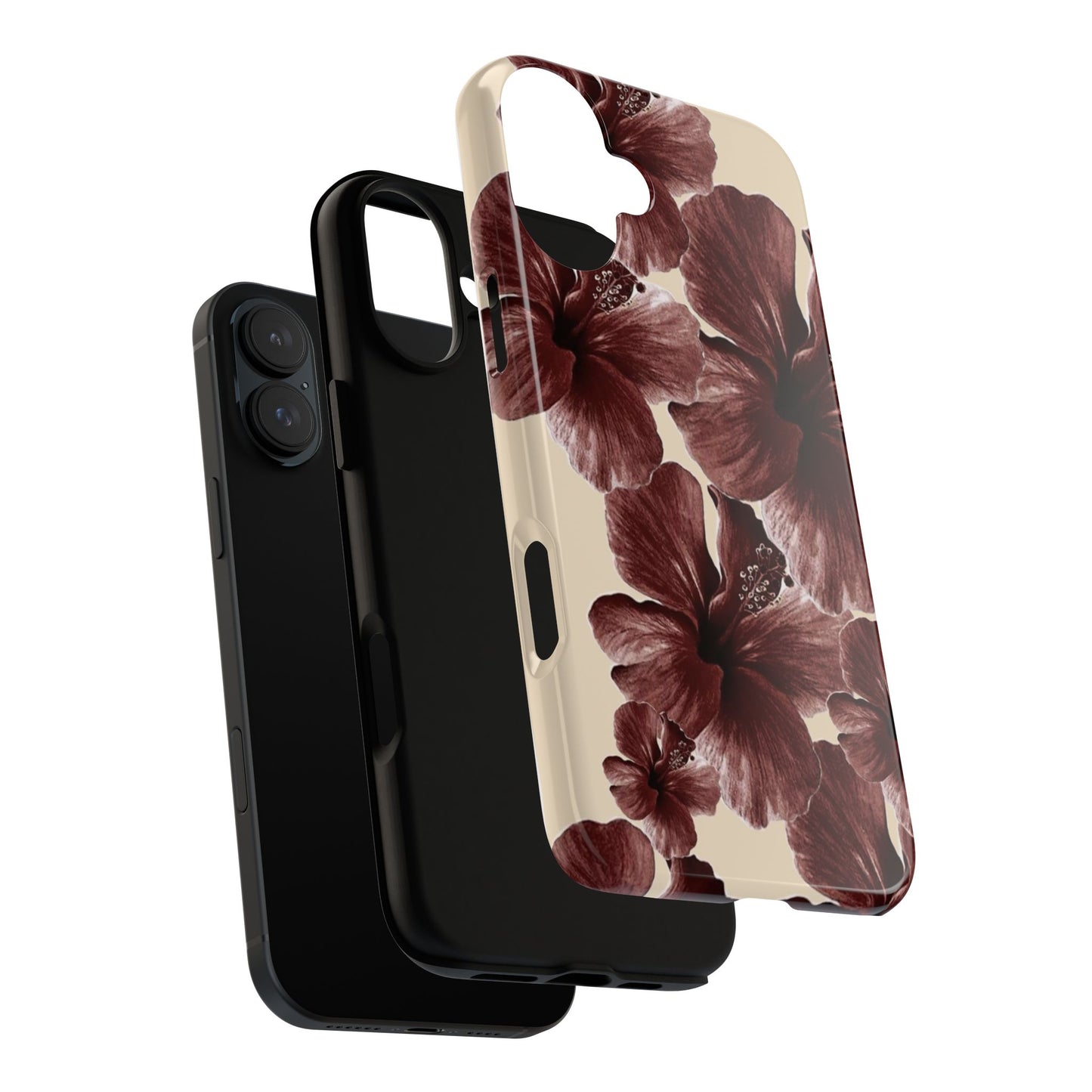 Hibiscus Floral Tough Phone Case — Maroon Vintage Flower Protective Cover