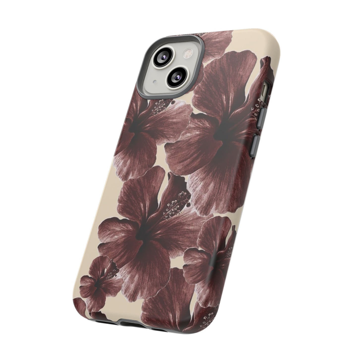Hibiscus Floral Tough Phone Case — Maroon Vintage Flower Protective Cover