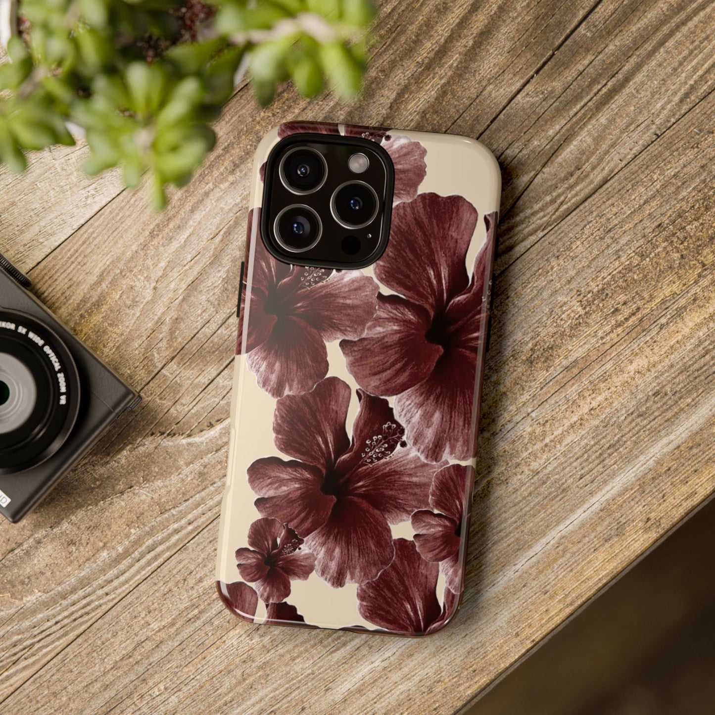 Hibiscus Floral Tough Phone Case — Maroon Vintage Flower Protective Cover