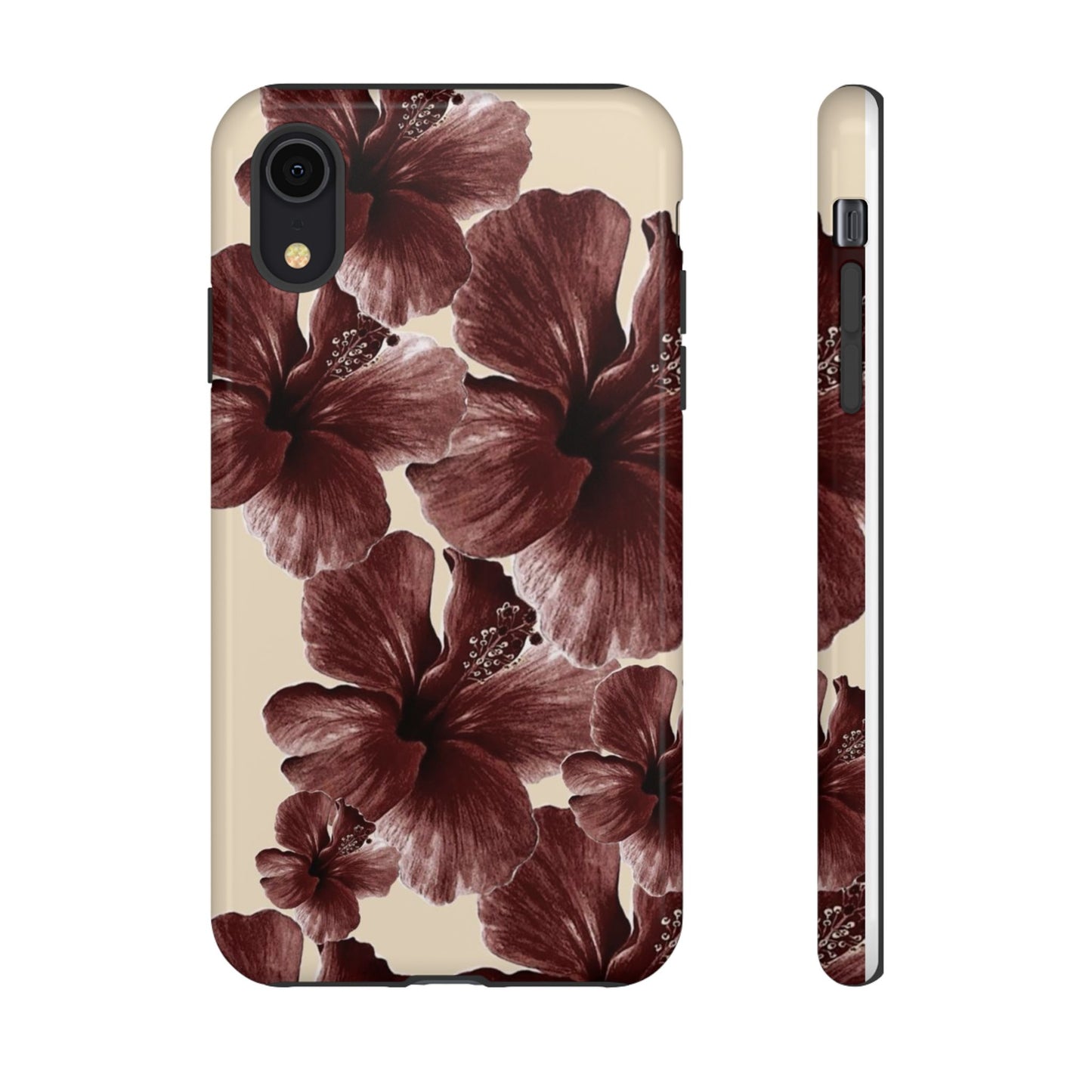 Hibiscus Floral Tough Phone Case — Maroon Vintage Flower Protective Cover