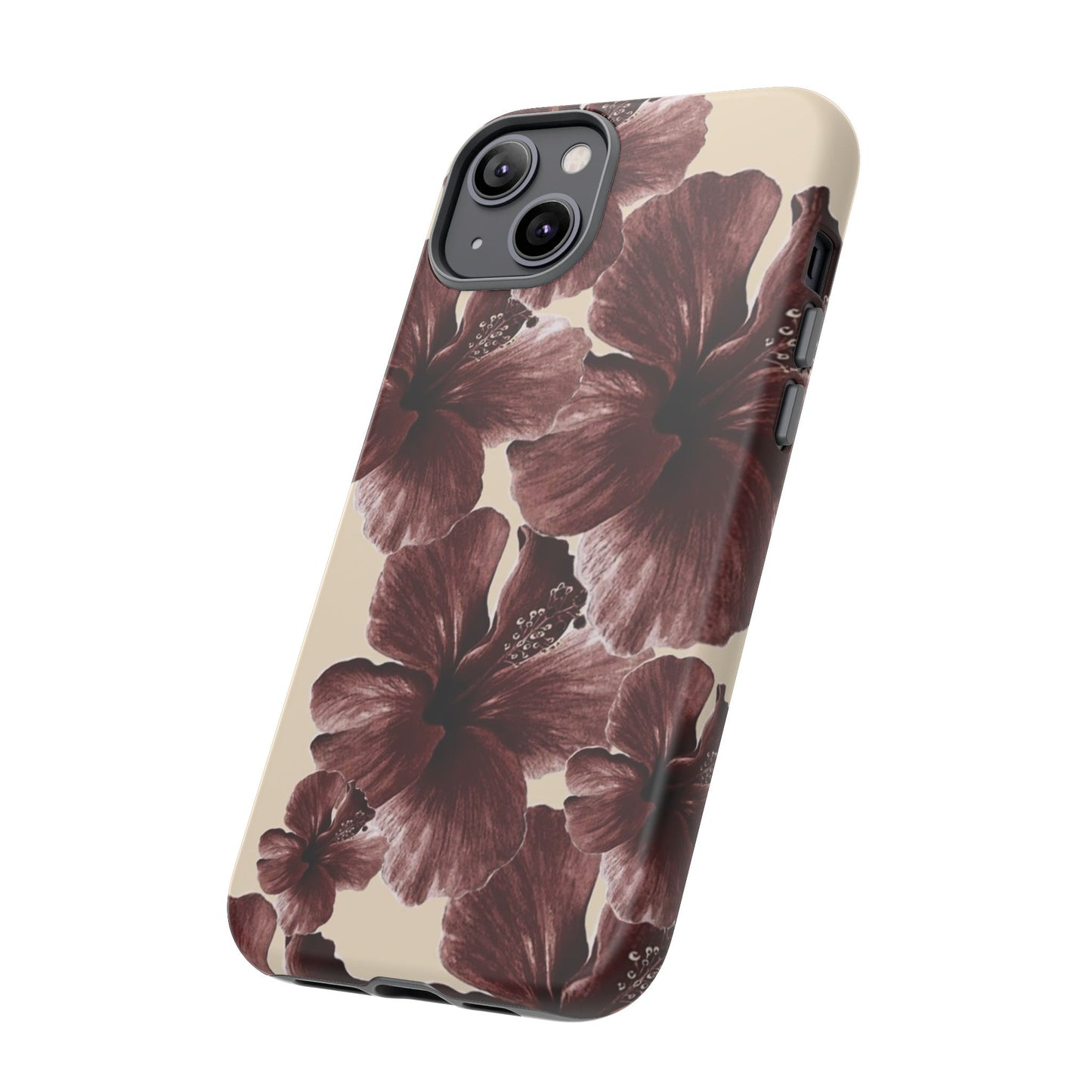 Hibiscus Floral Tough Phone Case — Maroon Vintage Flower Protective Cover