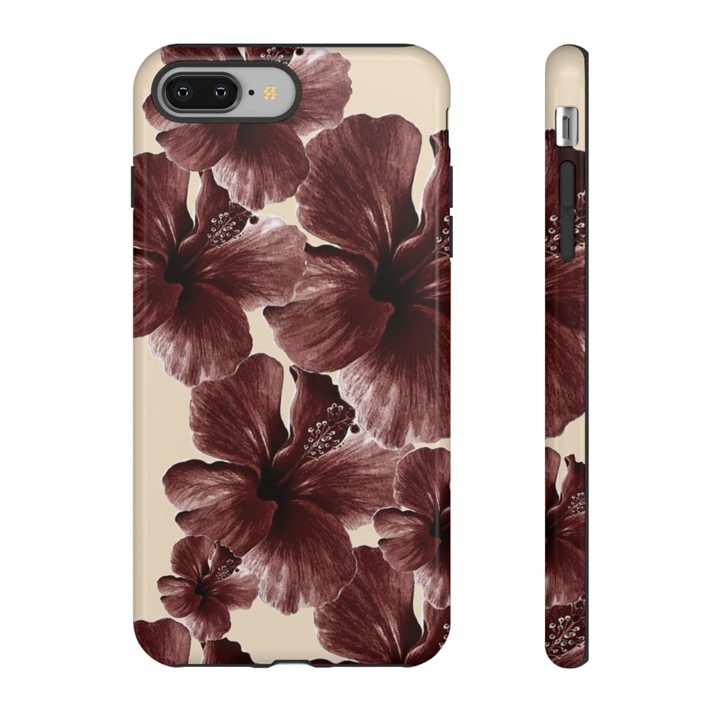 Hibiscus Floral Tough Phone Case — Maroon Vintage Flower Protective Cover