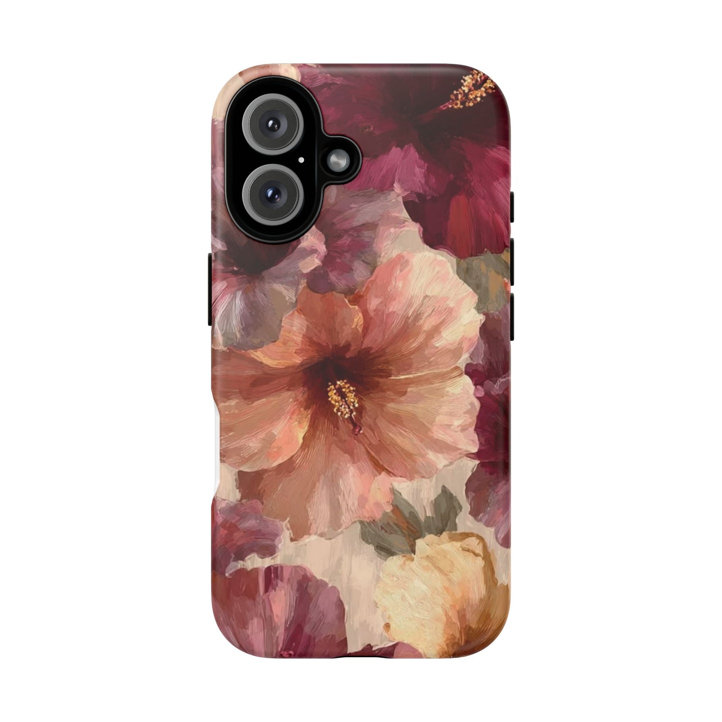 Floral Watercolor Phone Case — Burgundy & Peach Hibiscus Protective Cover
