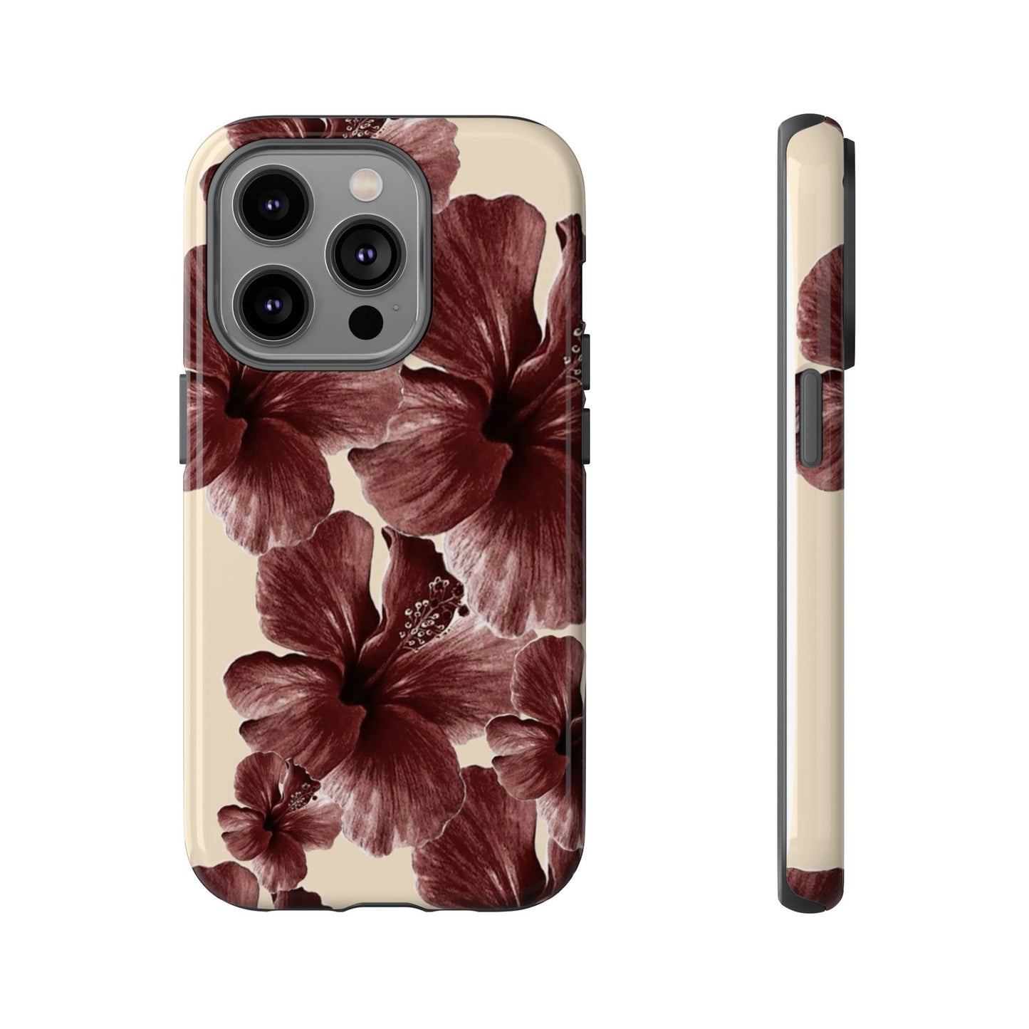 Hibiscus Floral Tough Phone Case — Maroon Vintage Flower Protective Cover