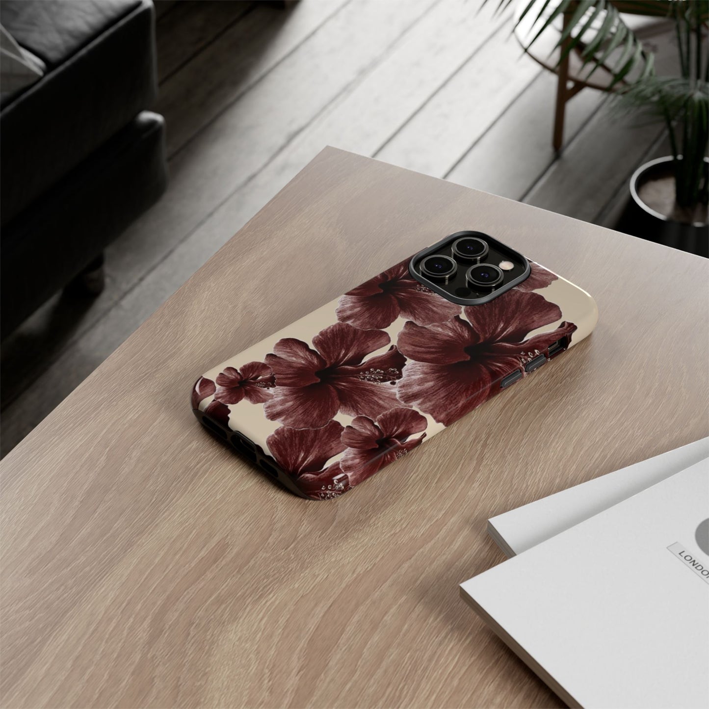 Hibiscus Floral Tough Phone Case — Maroon Vintage Flower Protective Cover