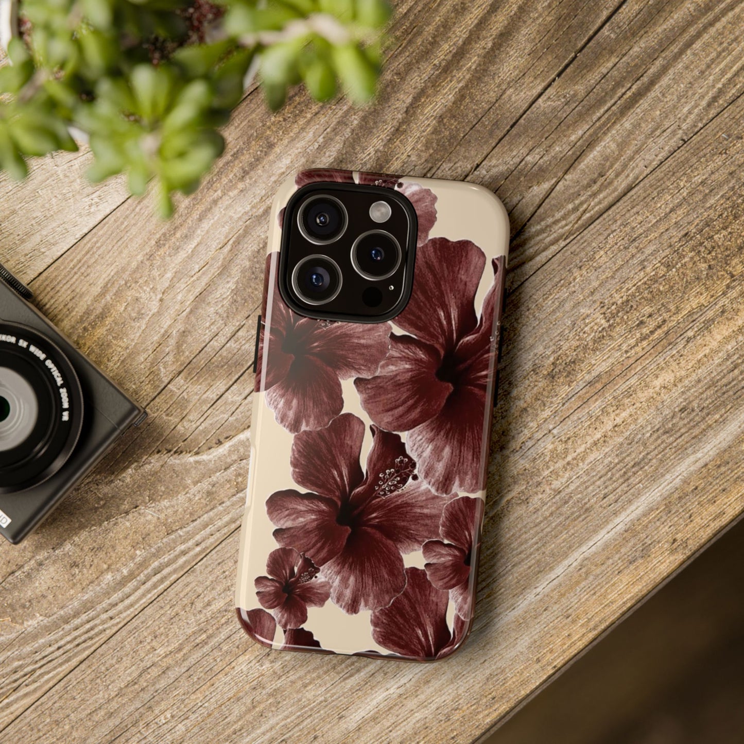 Hibiscus Floral Tough Phone Case — Maroon Vintage Flower Protective Cover