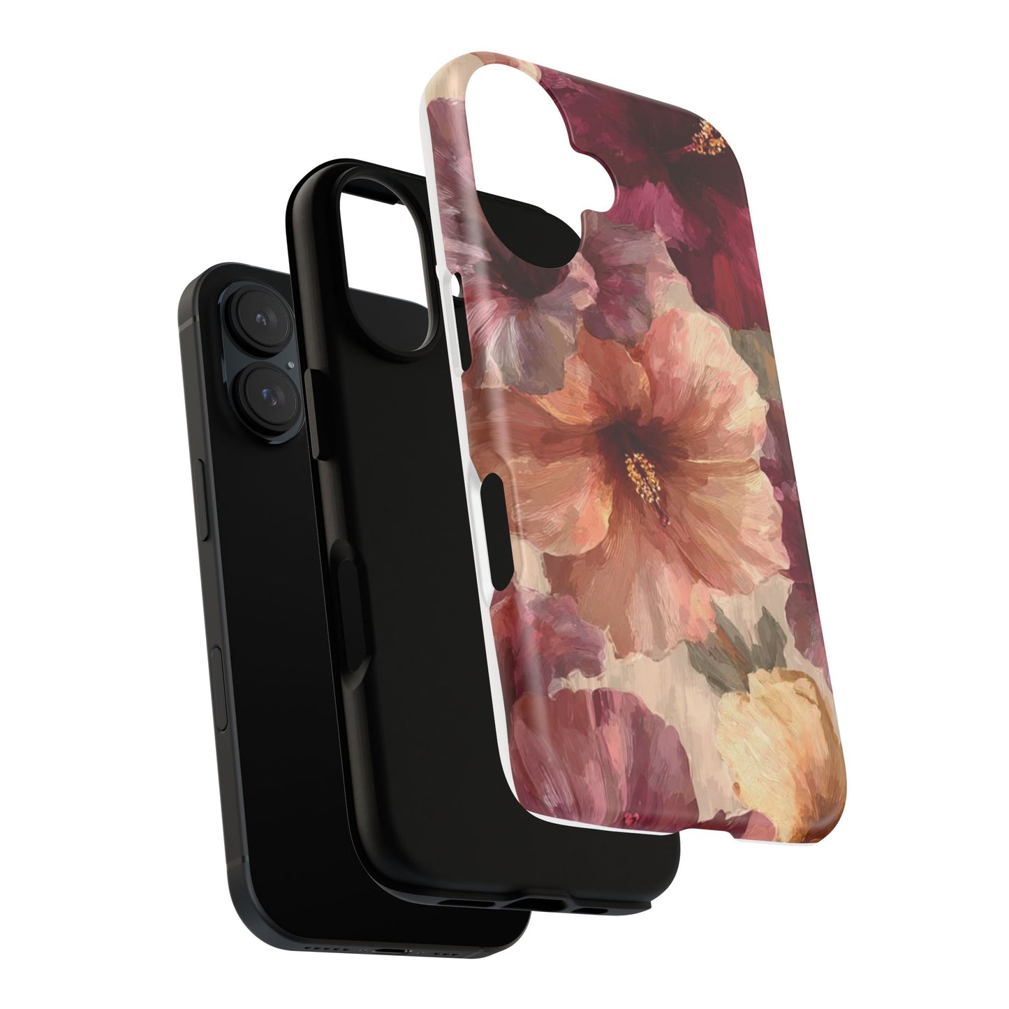 Floral Watercolor Phone Case — Burgundy & Peach Hibiscus Protective Cover