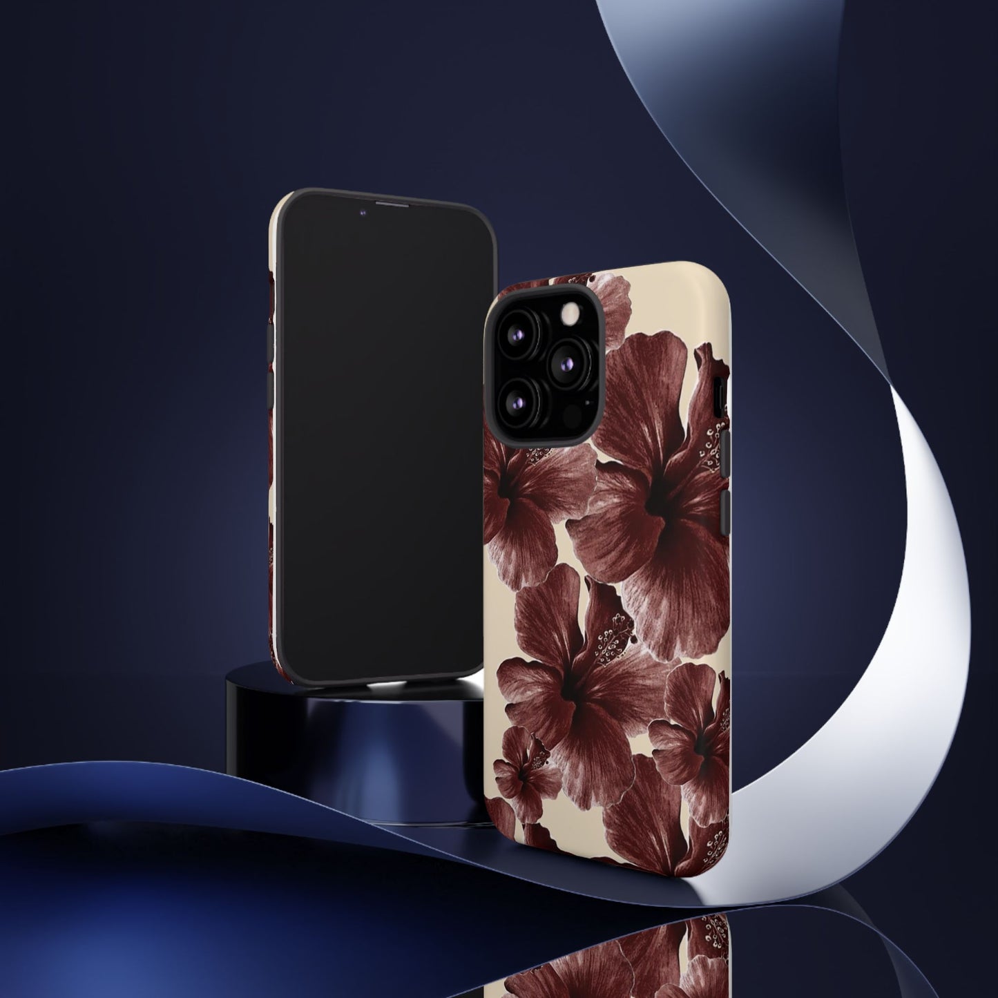 Hibiscus Floral Tough Phone Case — Maroon Vintage Flower Protective Cover