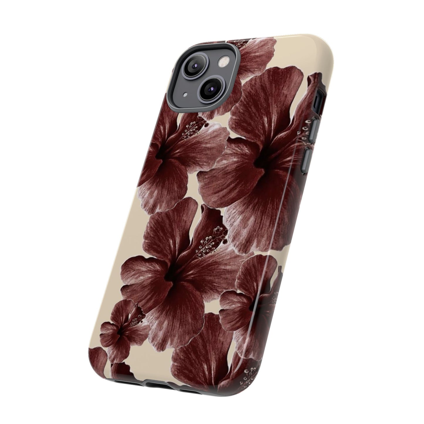 Hibiscus Floral Tough Phone Case — Maroon Vintage Flower Protective Cover