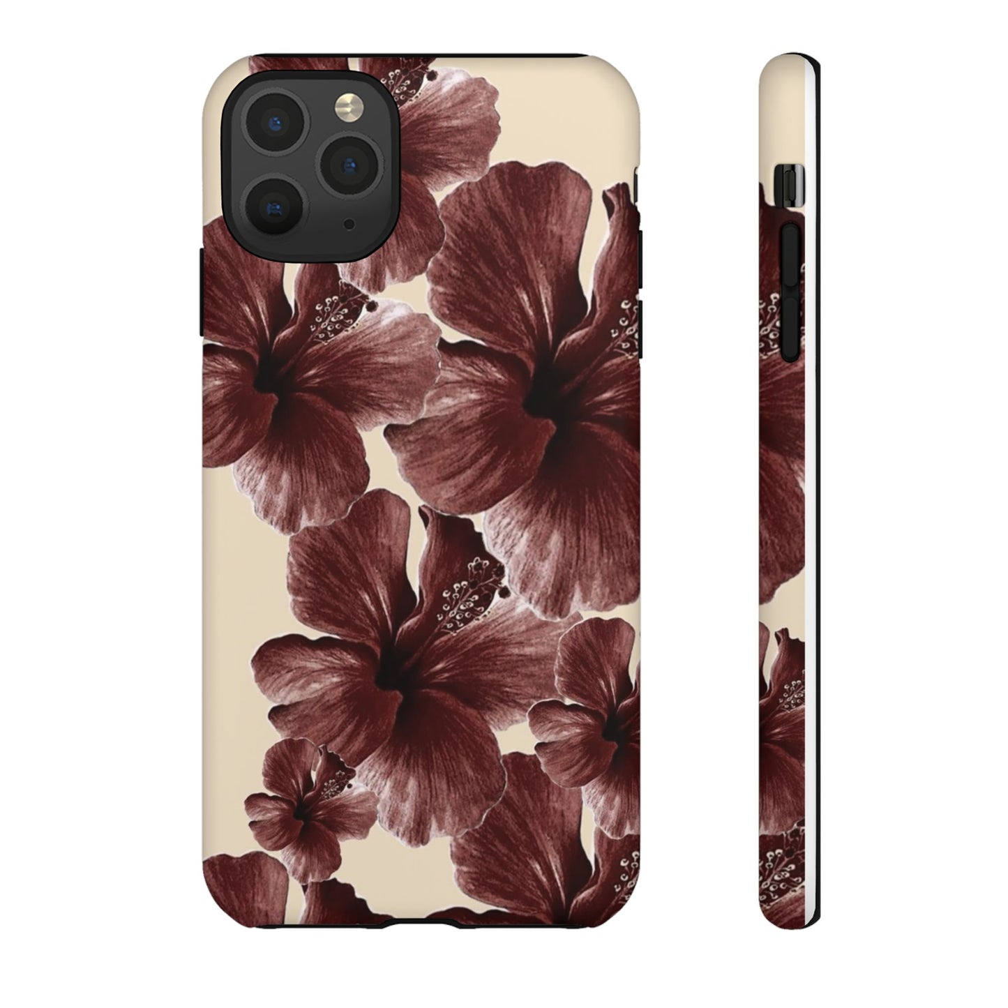 Hibiscus Floral Tough Phone Case — Maroon Vintage Flower Protective Cover