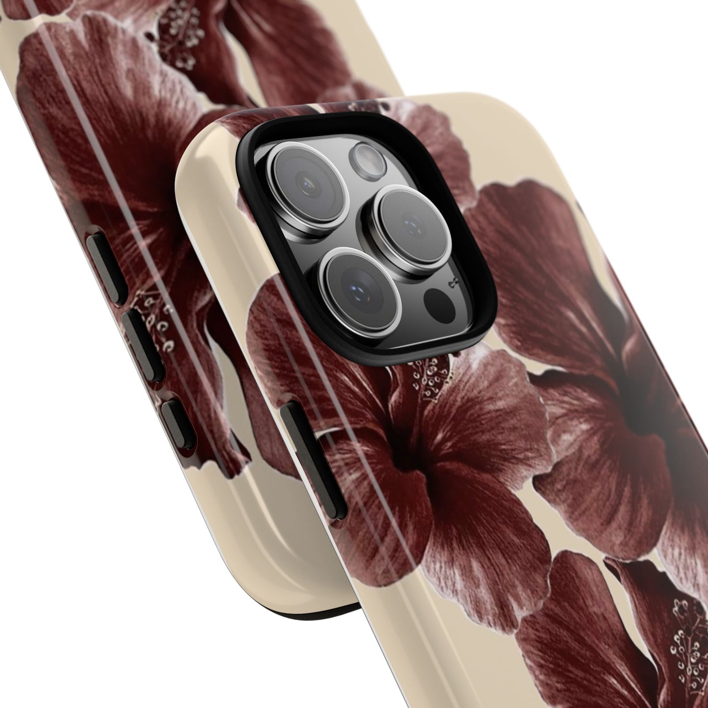 Hibiscus Floral Tough Phone Case — Maroon Vintage Flower Protective Cover