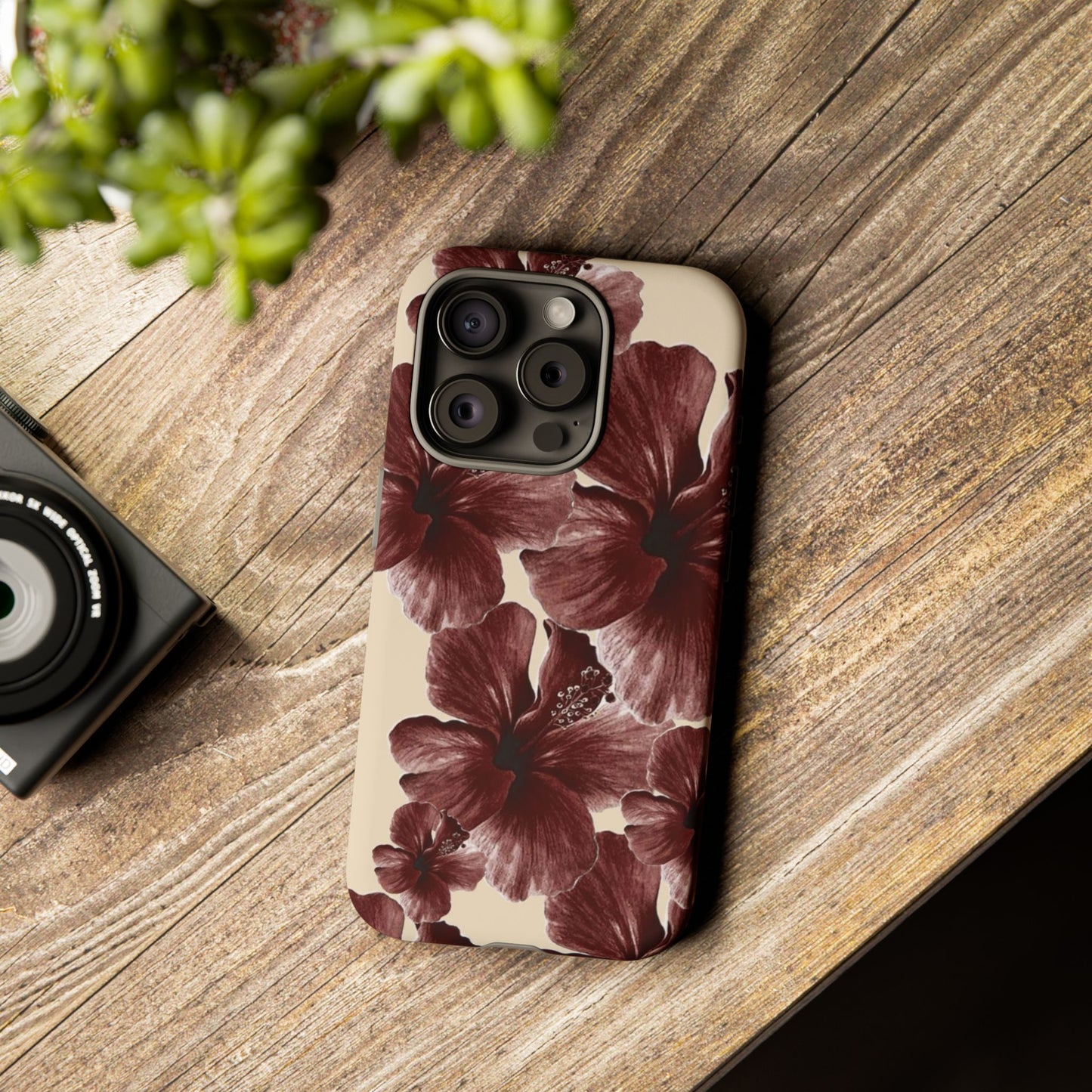 Hibiscus Floral Tough Phone Case — Maroon Vintage Flower Protective Cover