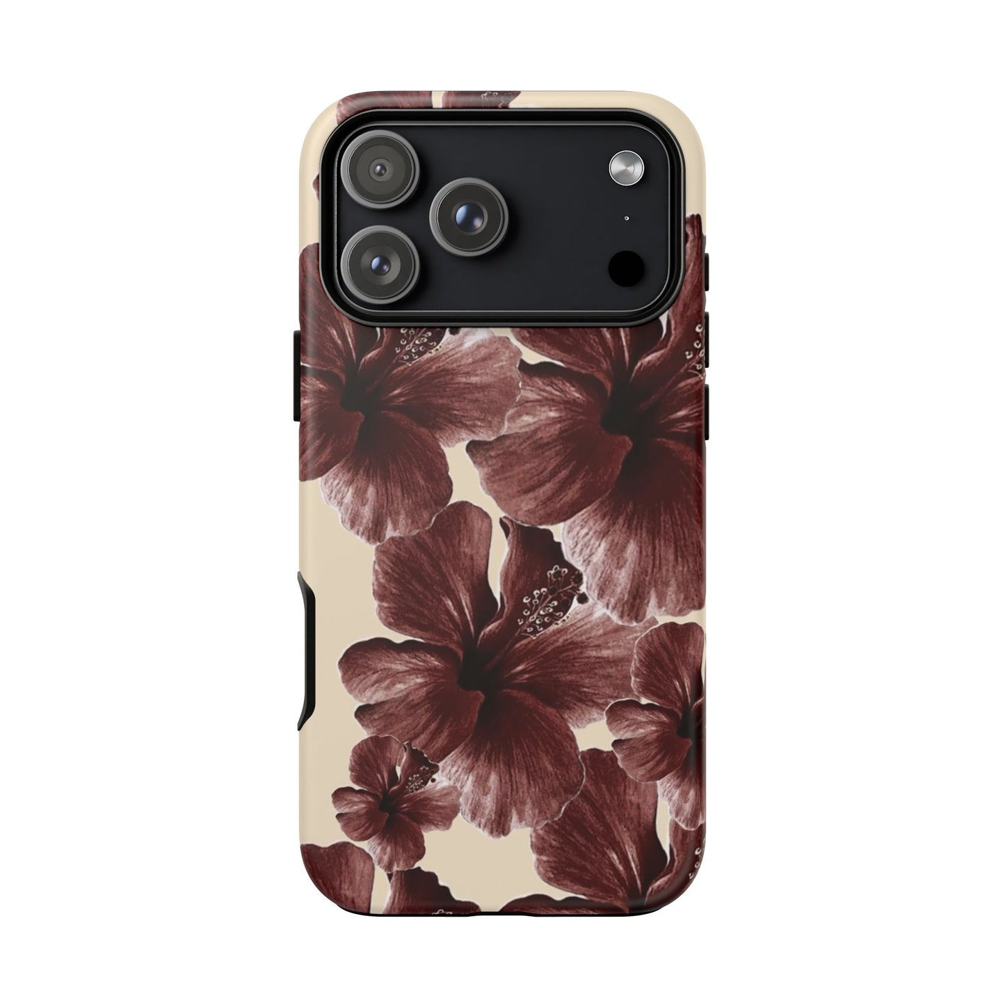 Hibiscus Floral Tough Phone Case — Maroon Vintage Flower Protective Cover