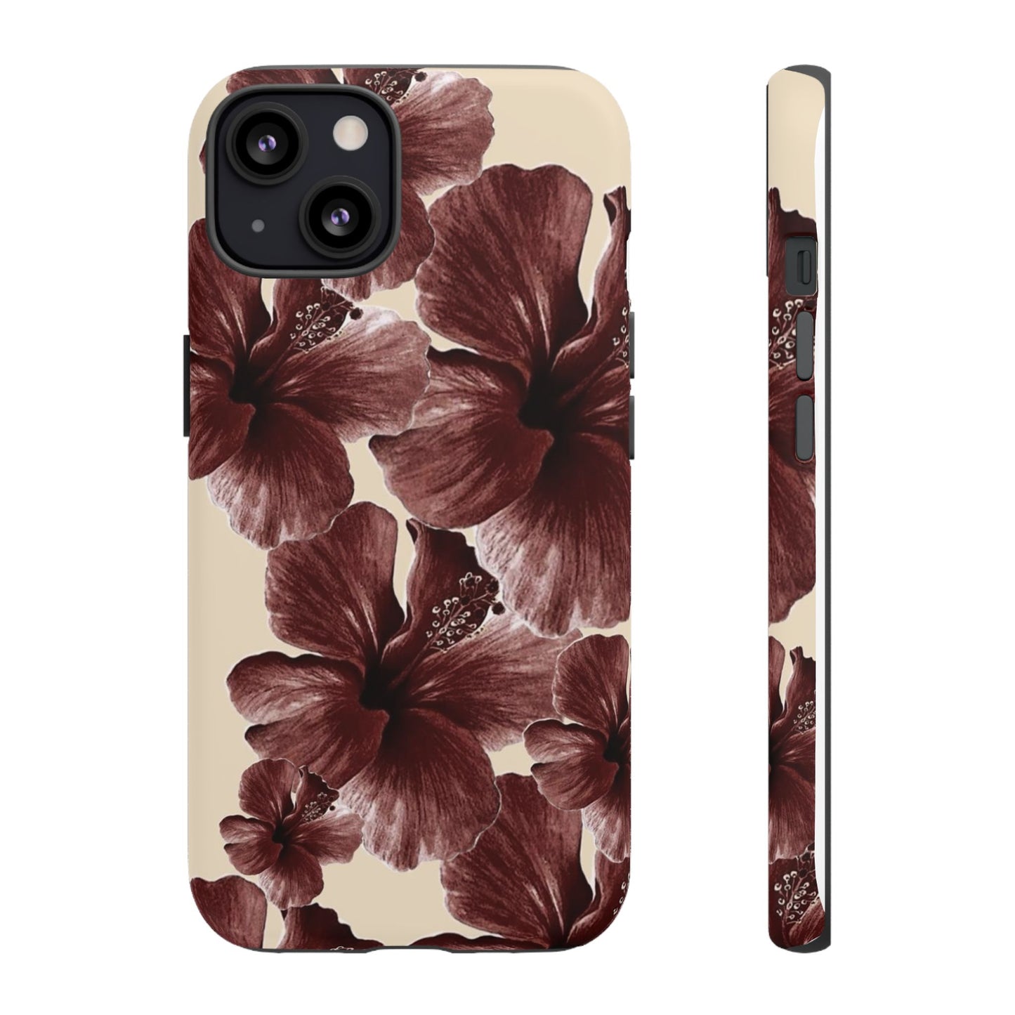 Hibiscus Floral Tough Phone Case — Maroon Vintage Flower Protective Cover