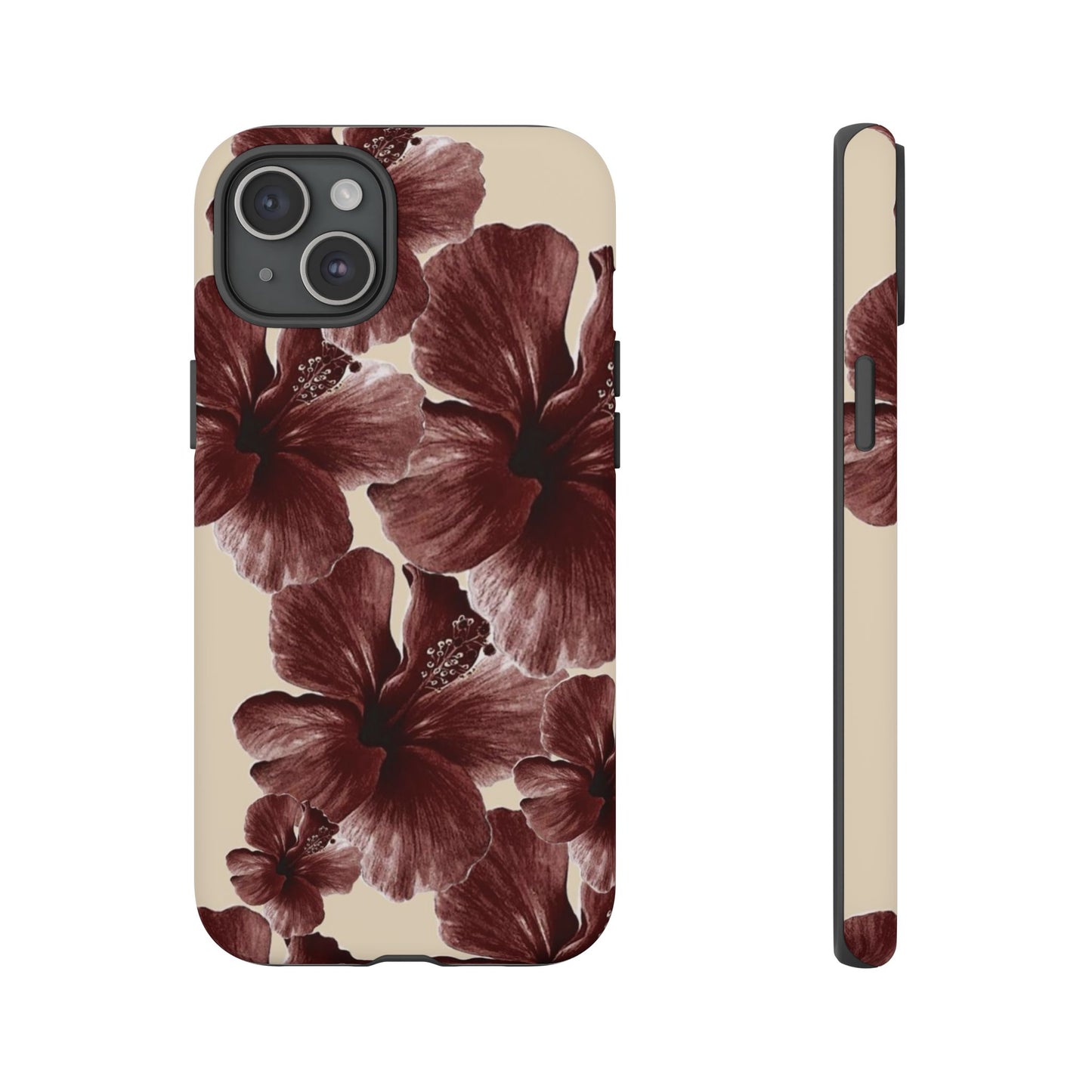 Hibiscus Floral Tough Phone Case — Maroon Vintage Flower Protective Cover