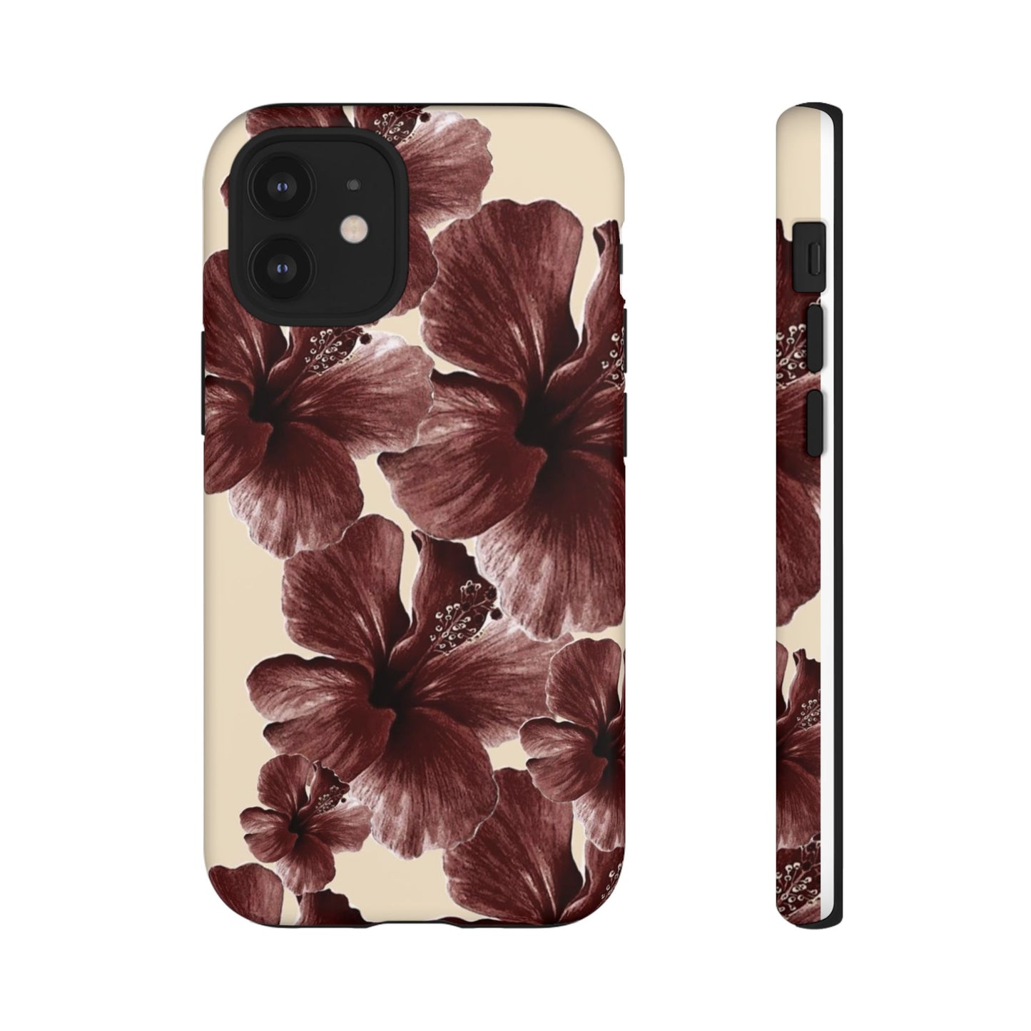 Hibiscus Floral Tough Phone Case — Maroon Vintage Flower Protective Cover