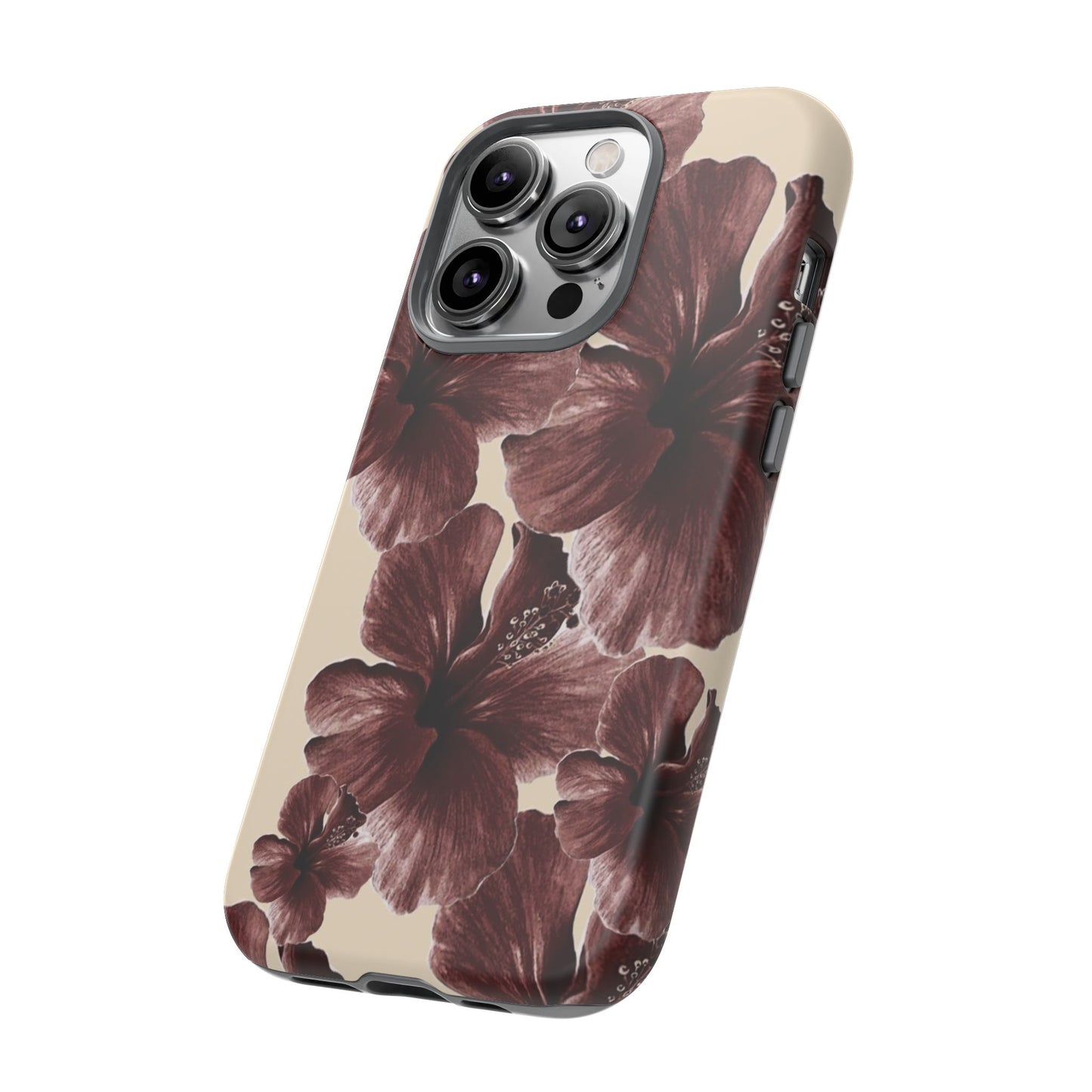Hibiscus Floral Tough Phone Case — Maroon Vintage Flower Protective Cover