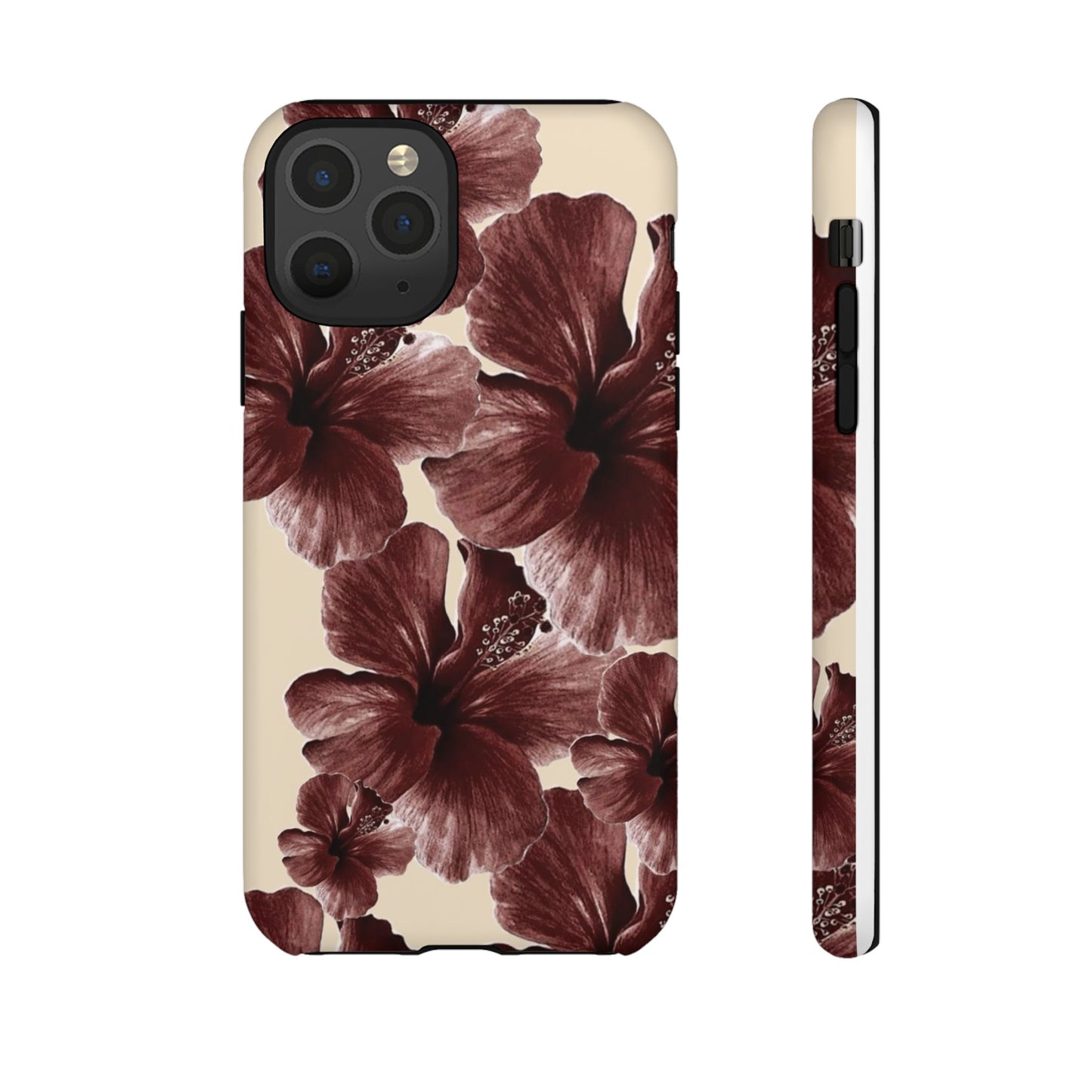 Hibiscus Floral Tough Phone Case — Maroon Vintage Flower Protective Cover