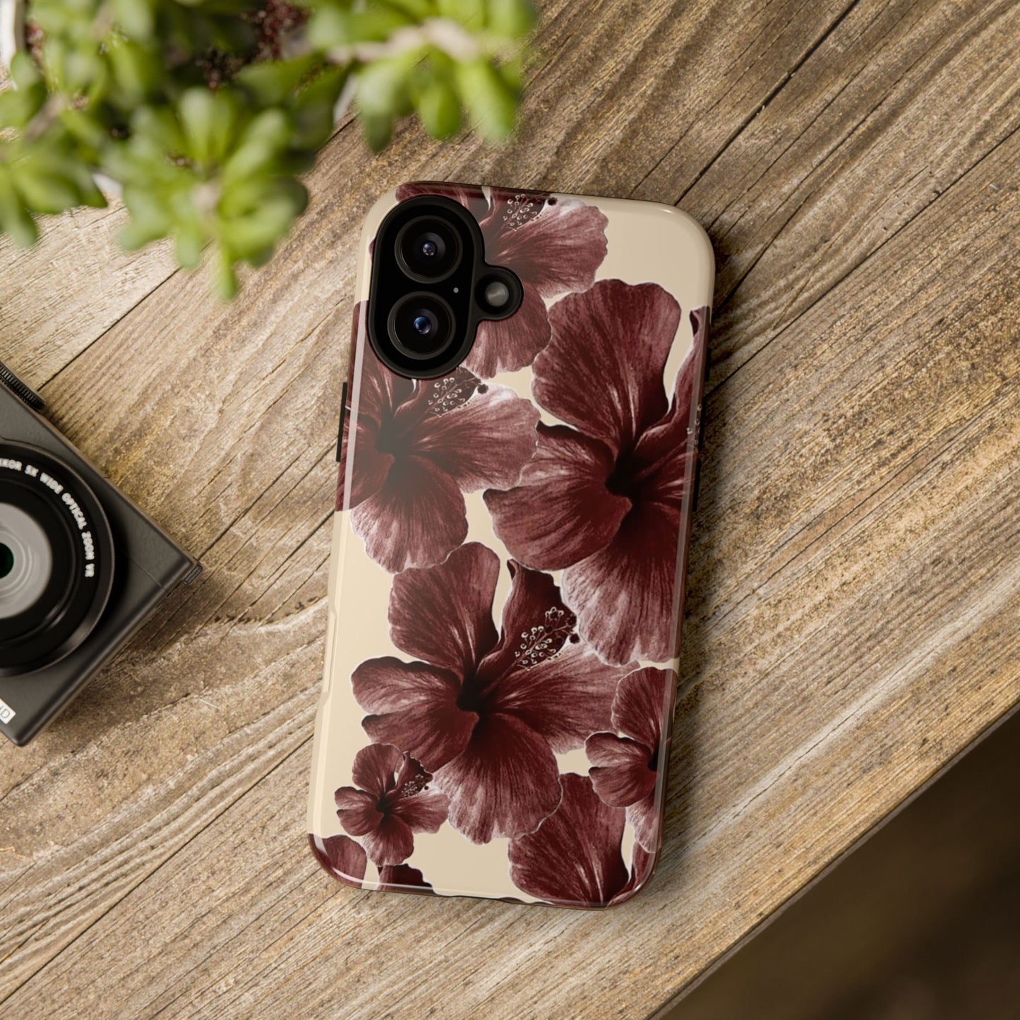 Hibiscus Floral Tough Phone Case — Maroon Vintage Flower Protective Cover