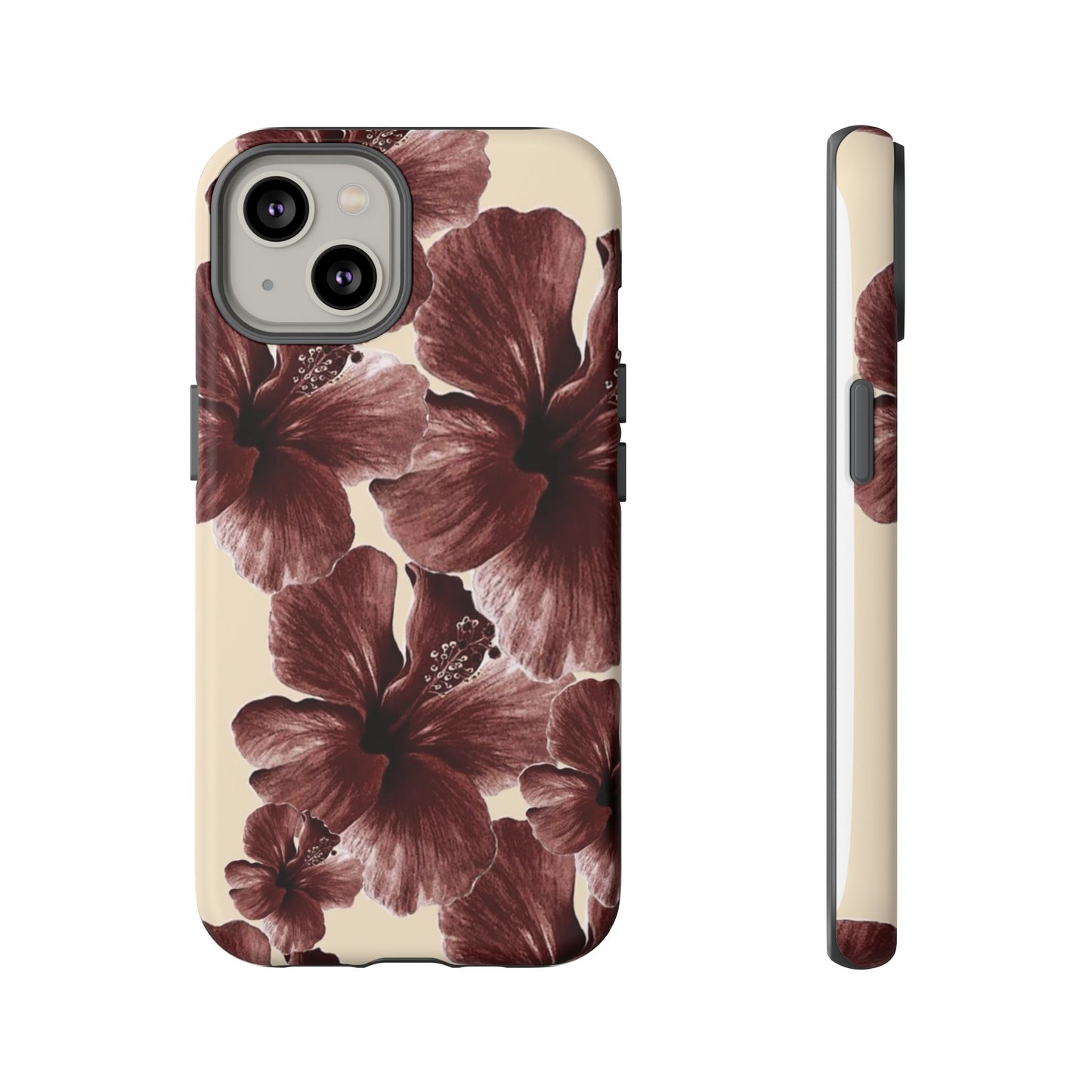 Hibiscus Floral Tough Phone Case — Maroon Vintage Flower Protective Cover