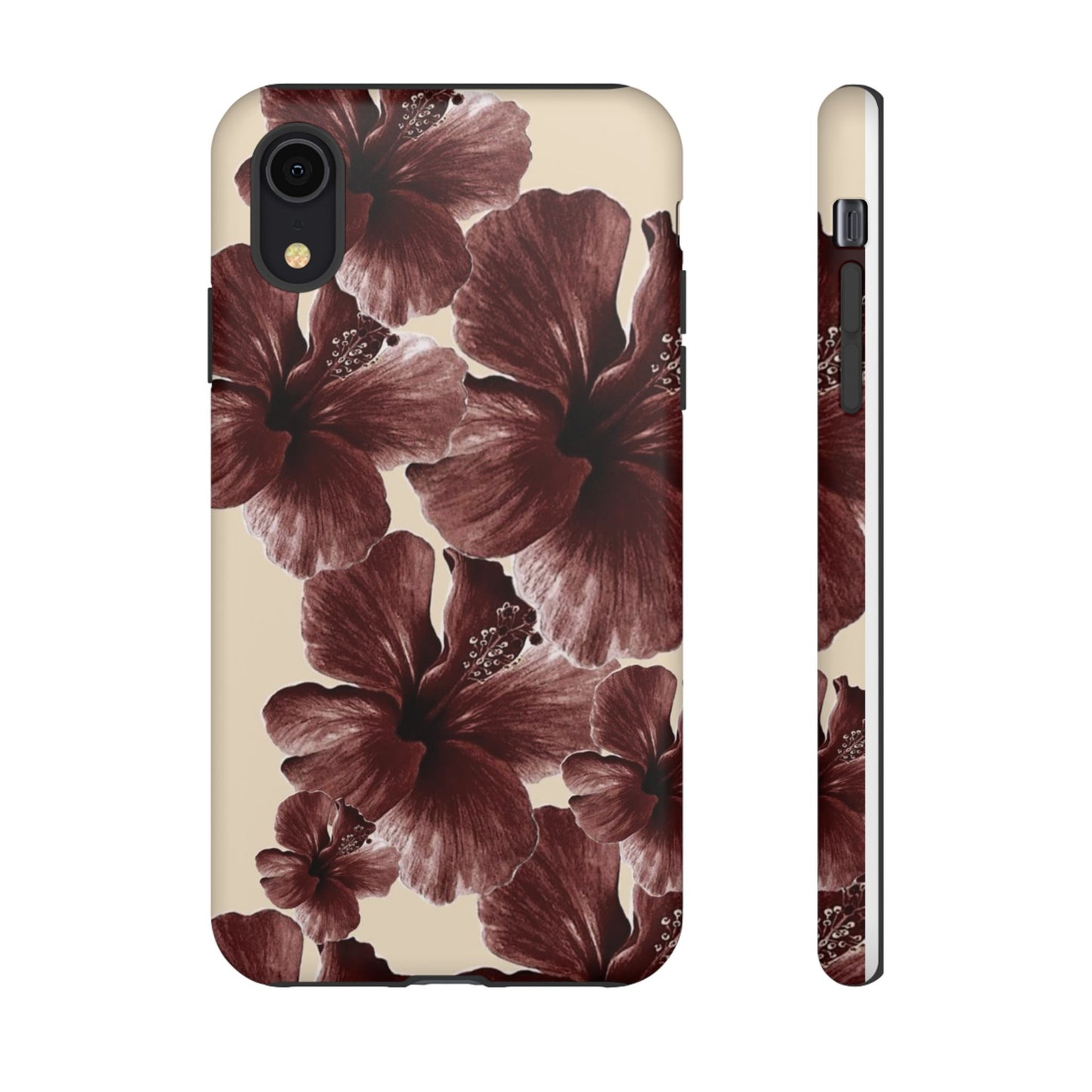 Hibiscus Floral Tough Phone Case — Maroon Vintage Flower Protective Cover