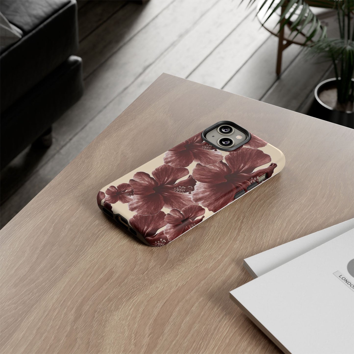 Hibiscus Floral Tough Phone Case — Maroon Vintage Flower Protective Cover