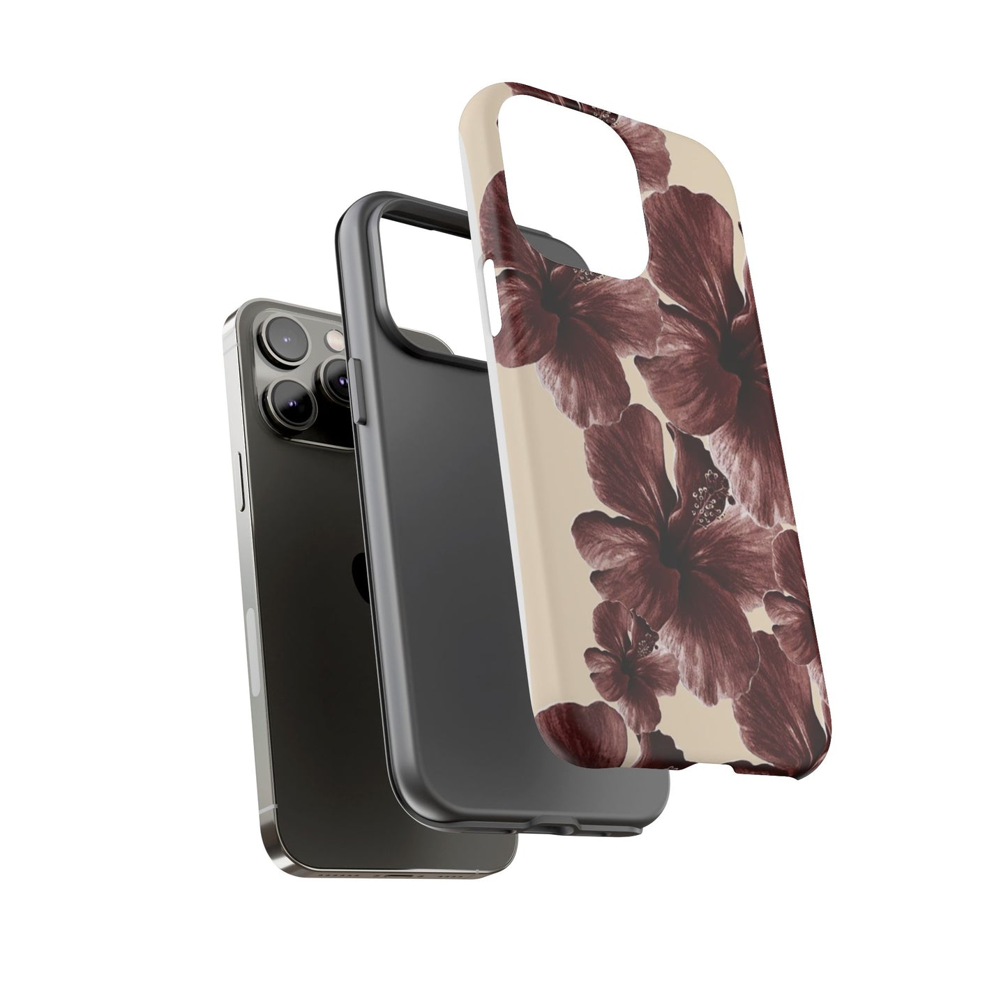 Hibiscus Floral Tough Phone Case — Maroon Vintage Flower Protective Cover