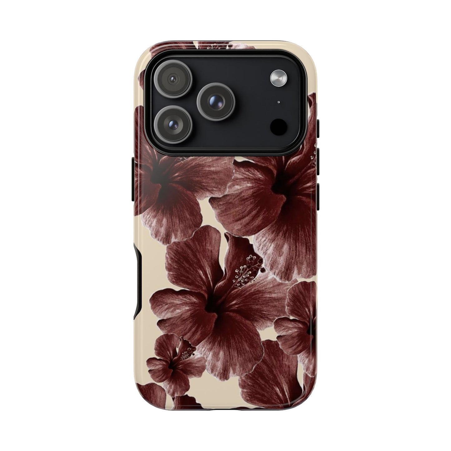 Hibiscus Floral Tough Phone Case — Maroon Vintage Flower Protective Cover