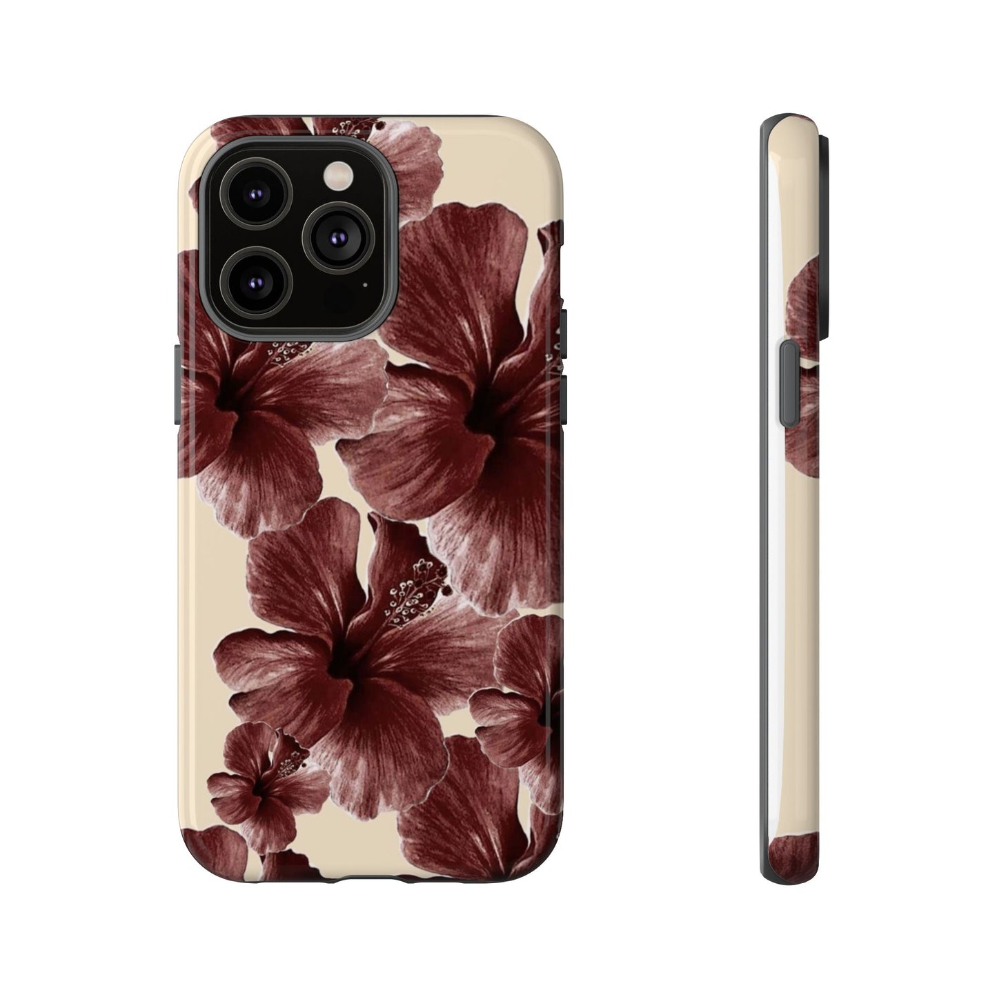 Hibiscus Floral Tough Phone Case — Maroon Vintage Flower Protective Cover