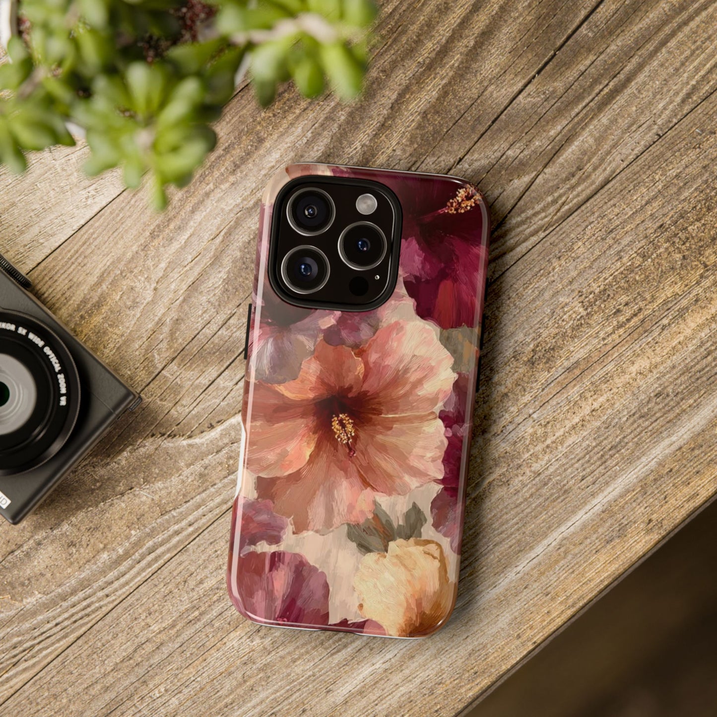 Floral Watercolor Phone Case — Burgundy & Peach Hibiscus Protective Cover