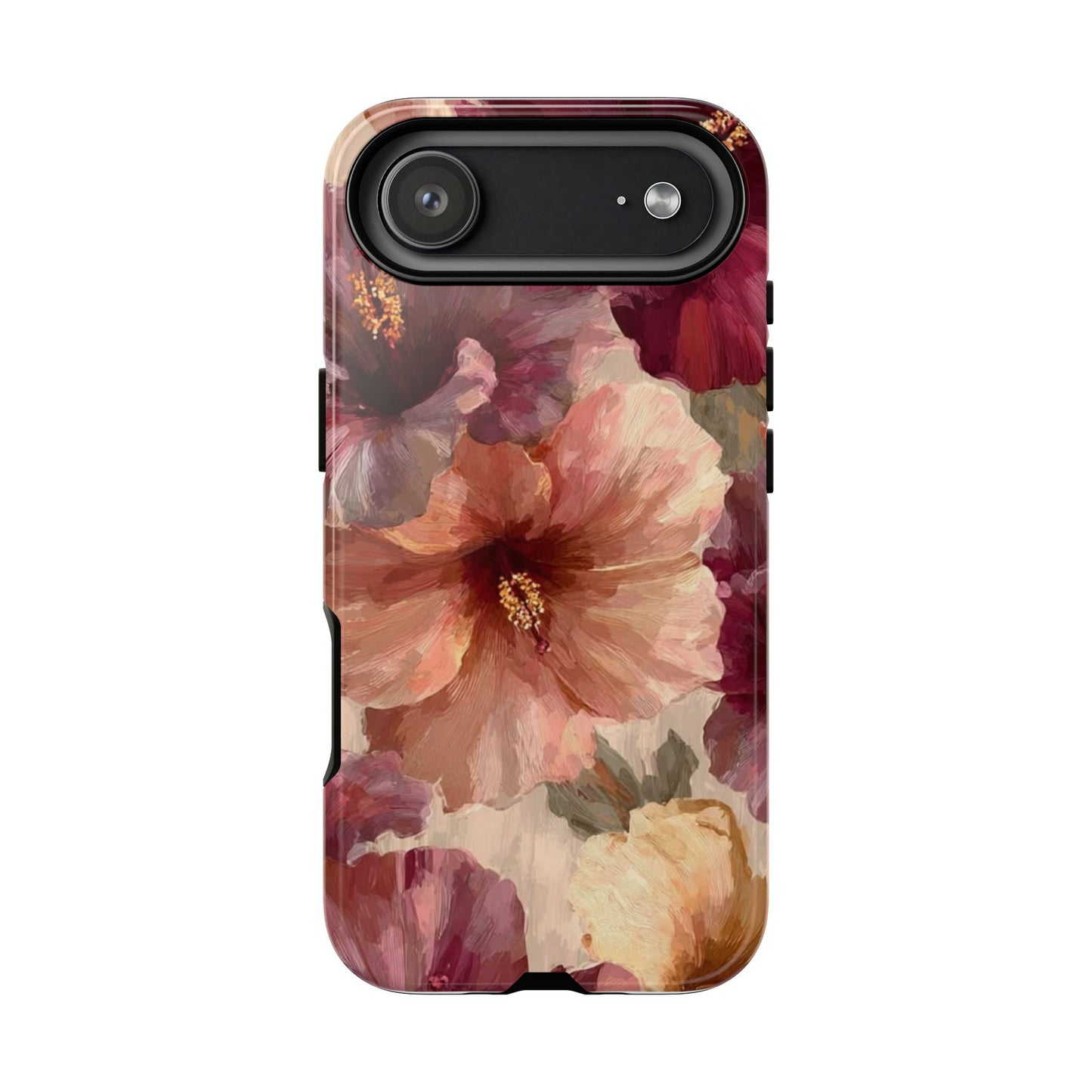 Floral Watercolor Phone Case — Burgundy & Peach Hibiscus Protective Cover