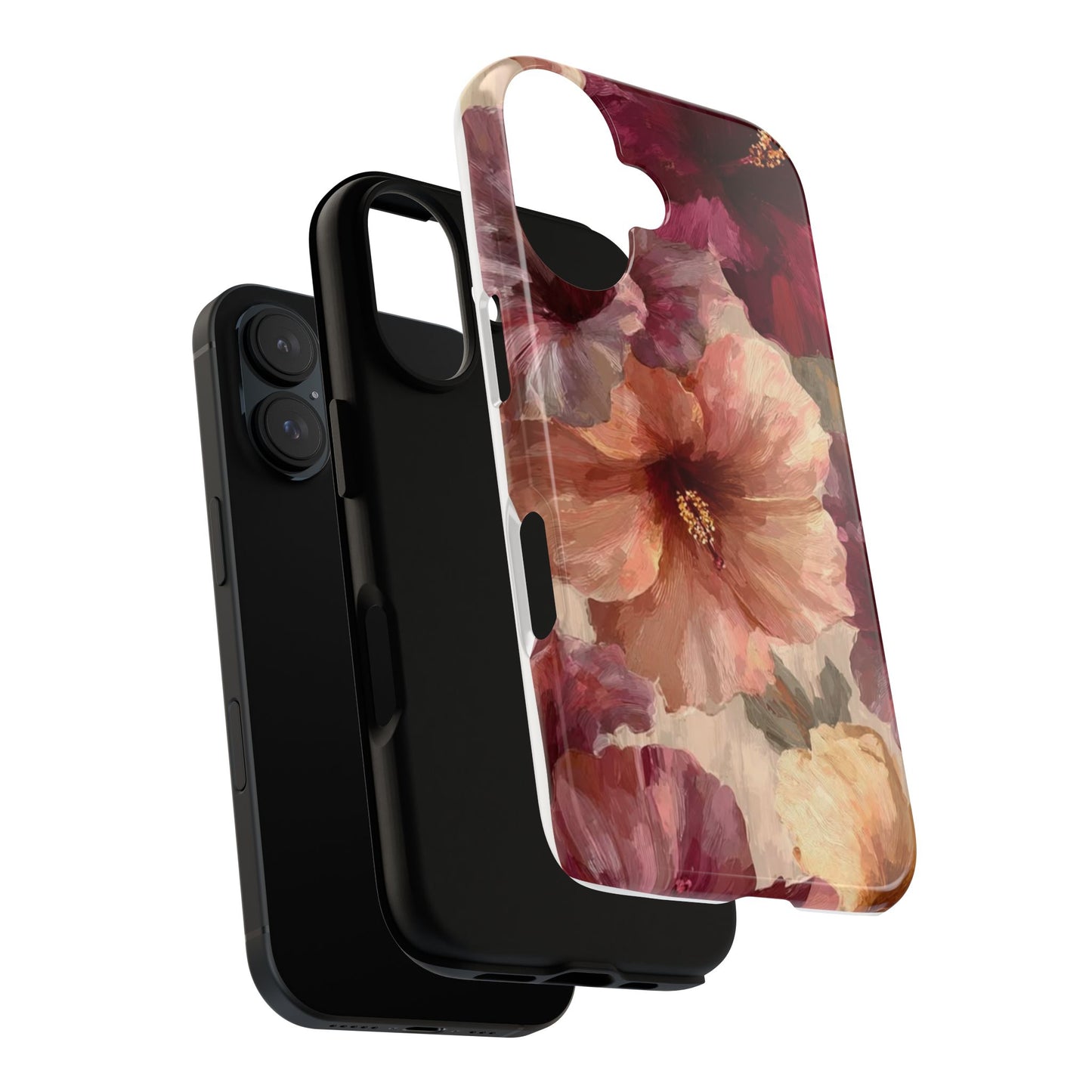 Floral Watercolor Phone Case — Burgundy & Peach Hibiscus Protective Cover