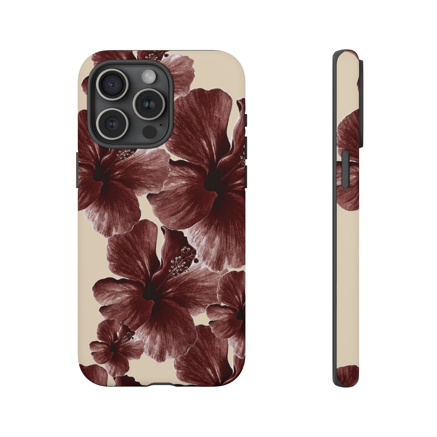 Hibiscus Floral Tough Phone Case — Maroon Vintage Flower Protective Cover