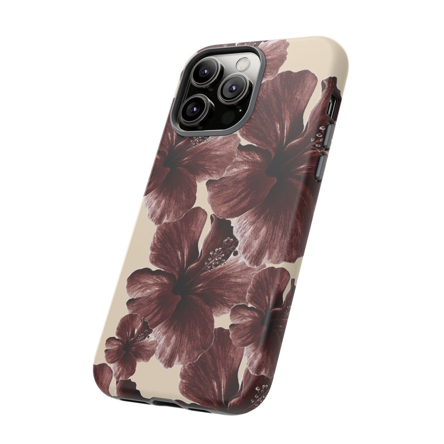 Hibiscus Floral Tough Phone Case — Maroon Vintage Flower Protective Cover