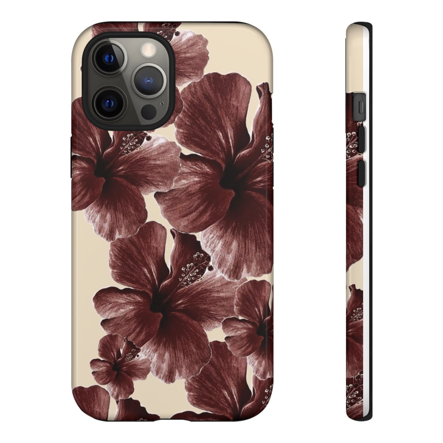 Hibiscus Floral Tough Phone Case — Maroon Vintage Flower Protective Cover