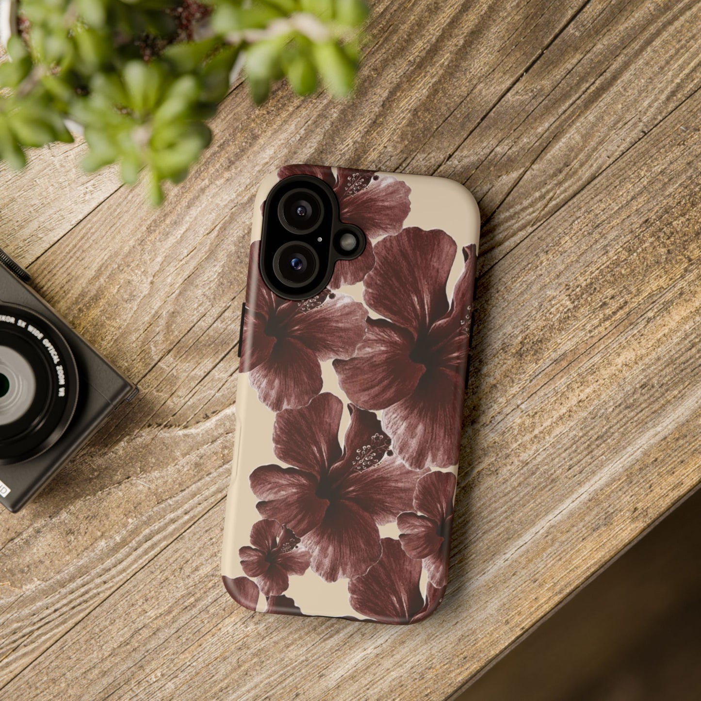 Hibiscus Floral Tough Phone Case — Maroon Vintage Flower Protective Cover